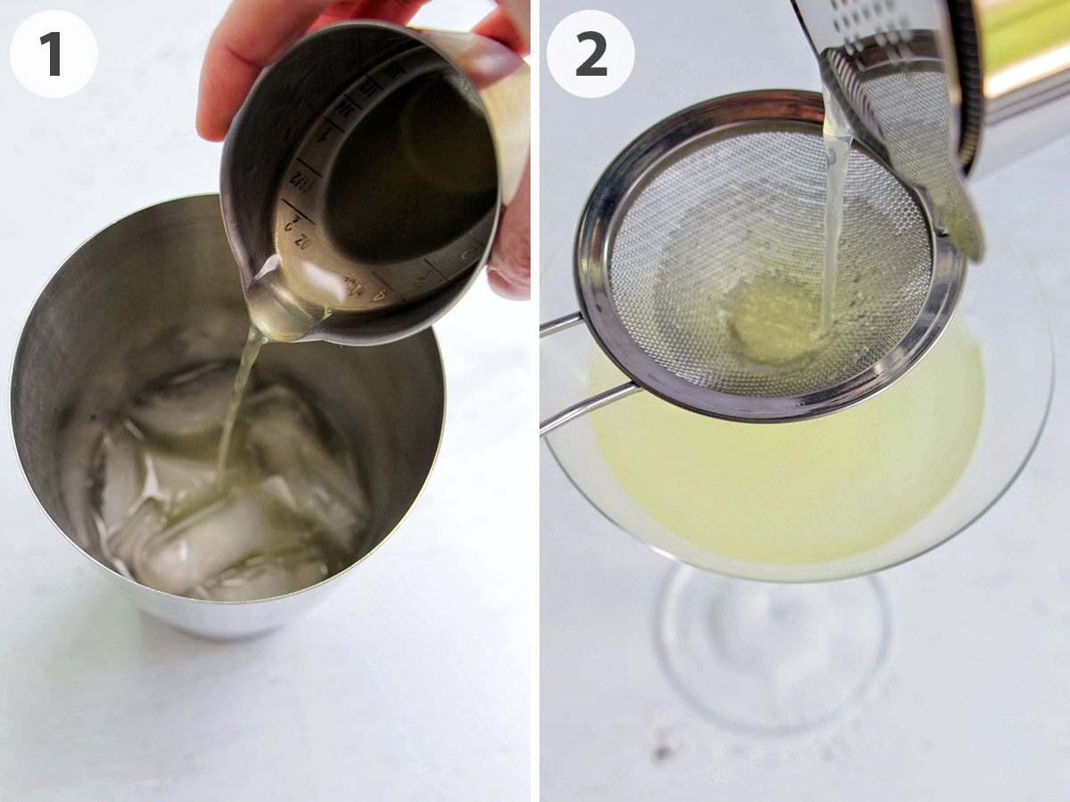 two numbered photos showing how to make a limoncello lemon drop martini.
