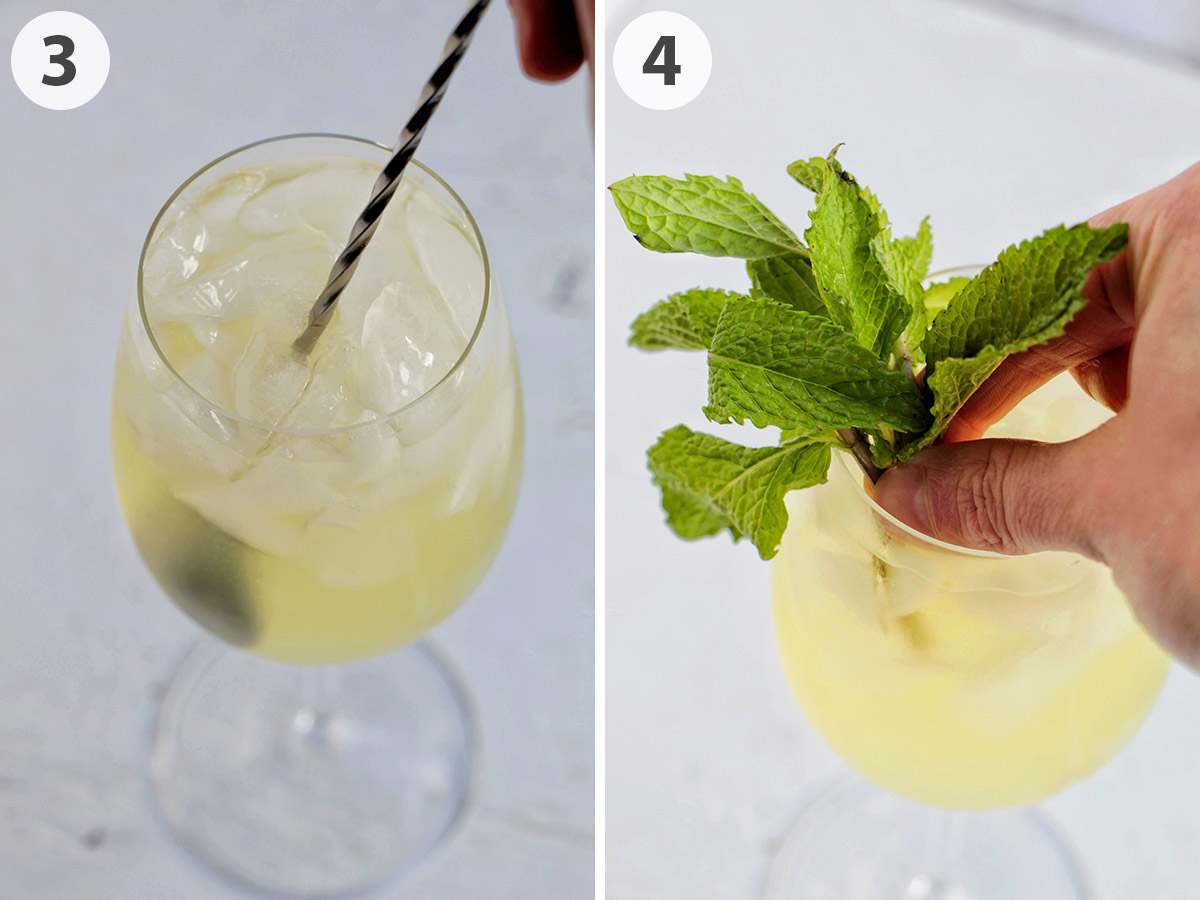 two numbered photos showing stirring and garnishing a limoncello spritz.