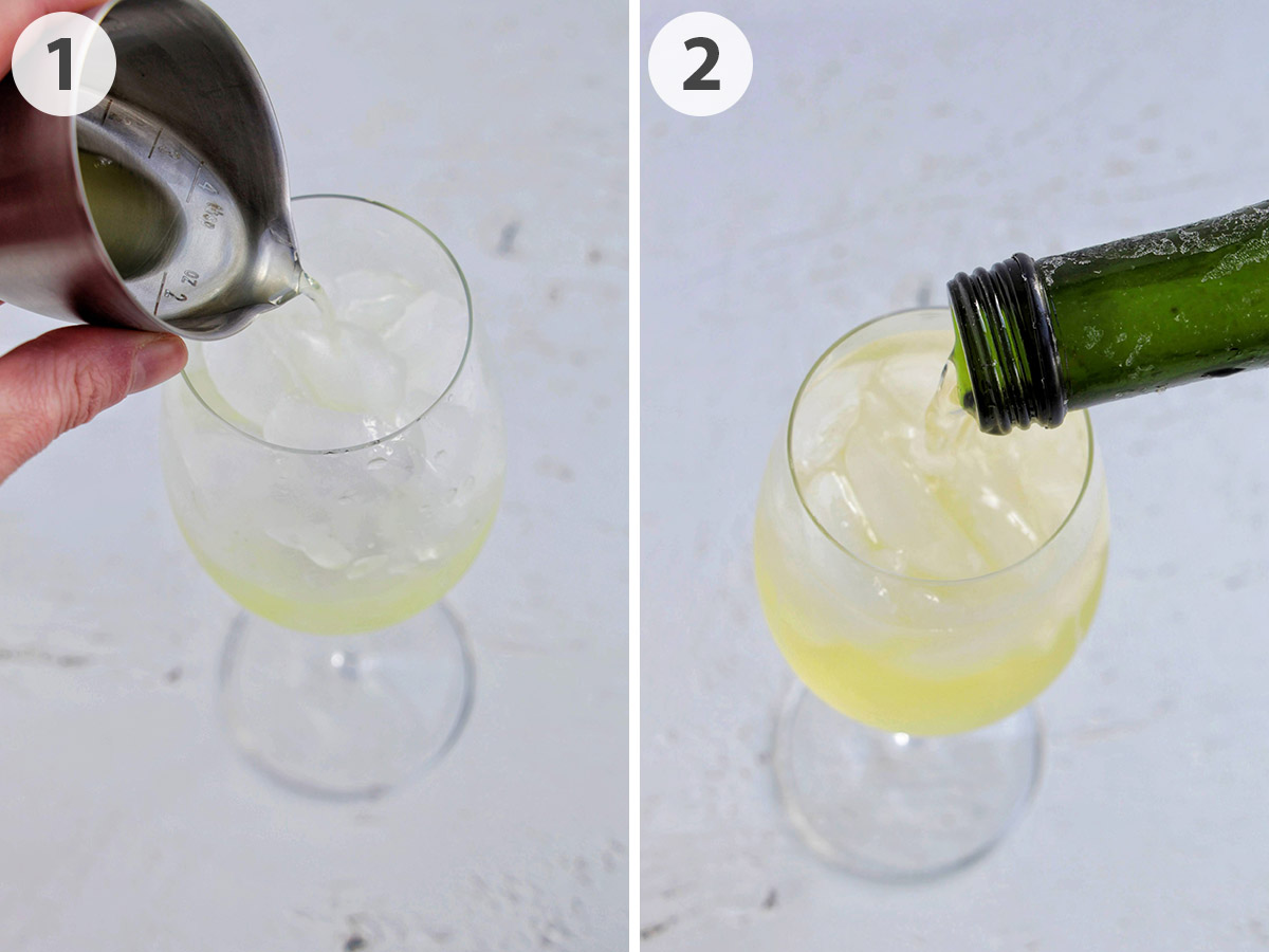two numbered photos showing how to make a limoncello spritz.