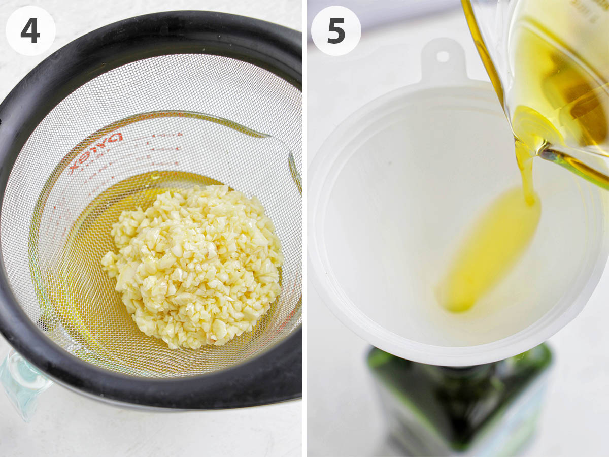 two numbered photos showing how to strain and store garlic olive oil.