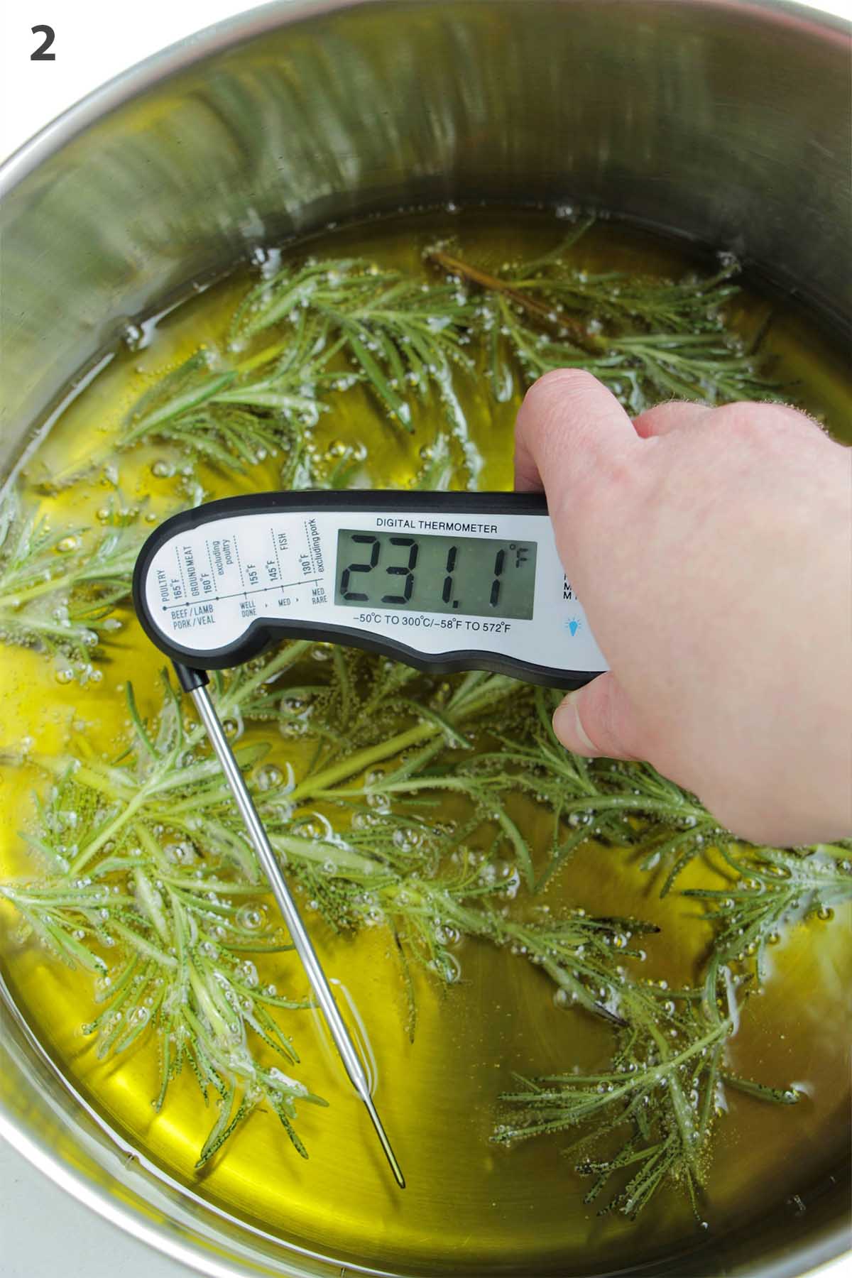 numbered photo taking the temperature of rosemary infused olive oil.