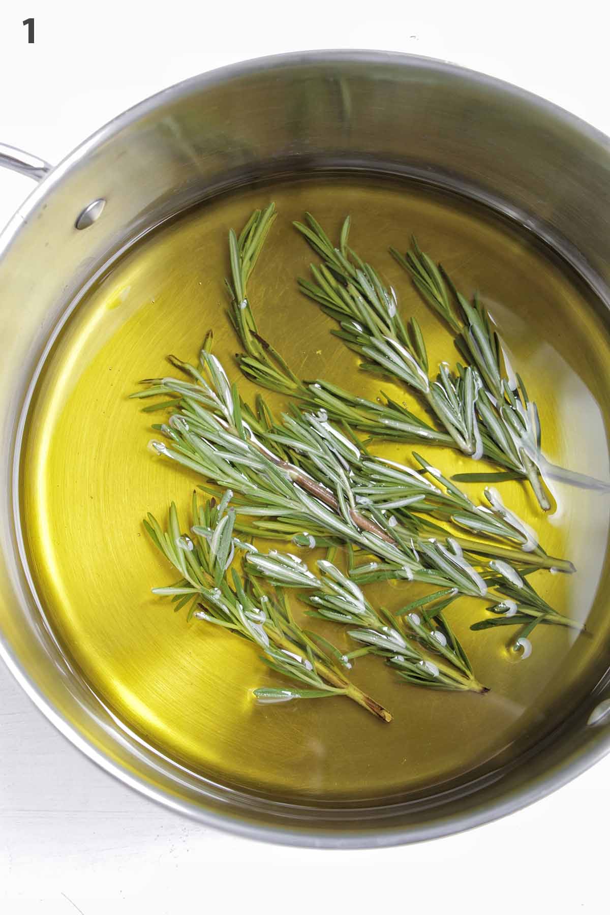 numbered photo showing rosemary and olive oil in a pot.