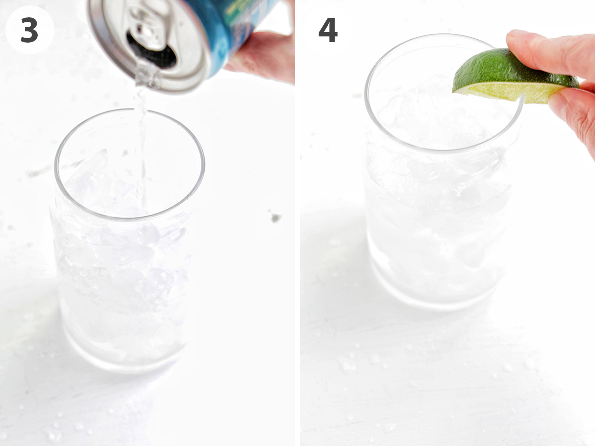 two numbered photos showing how to top tequila soda with soda water and garnishing lime wedge.