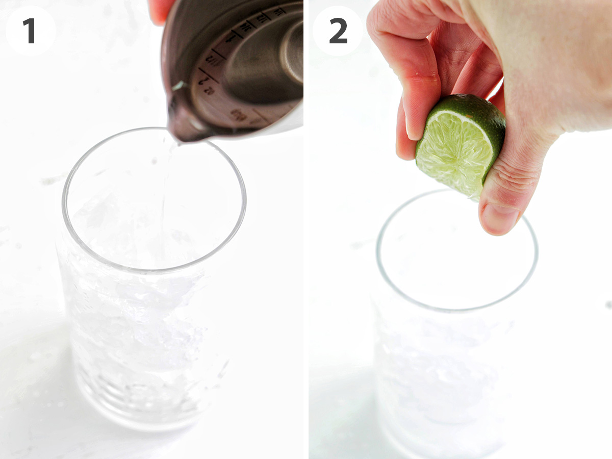 two numbered photos showing how to pour tequila and lime juice into a glass filled with ice.