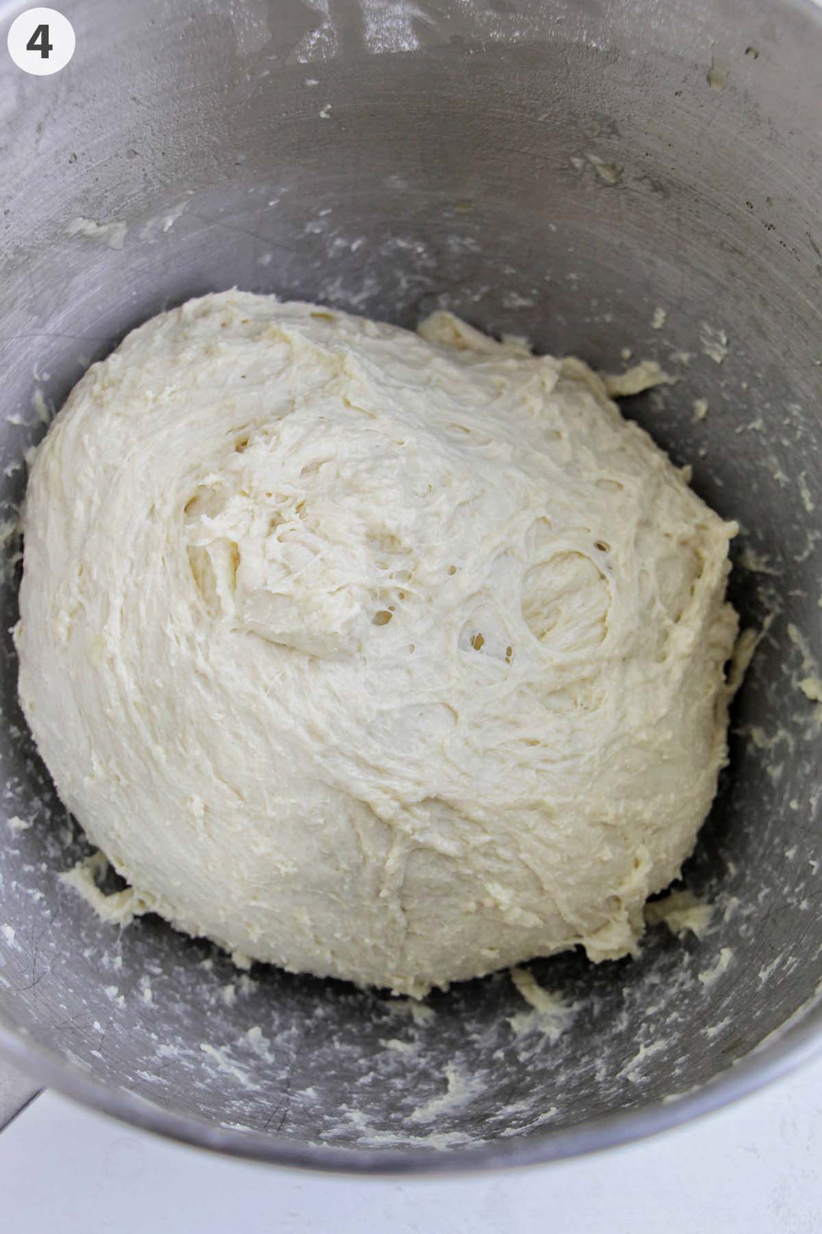 numbered photo showing focaccia dough in mixing bowl.