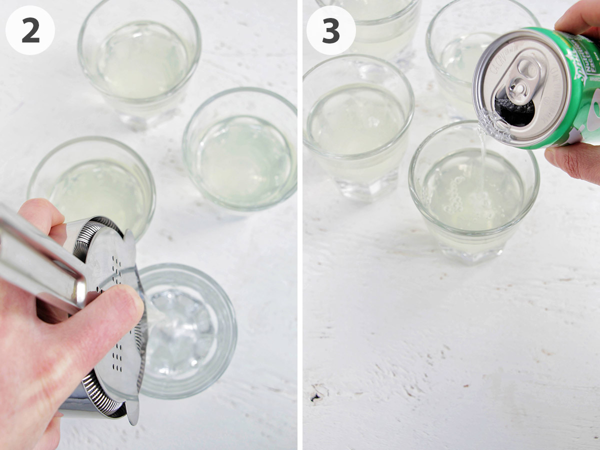 two numbered photos showing how to strain and top white tea shots with lemon lime soda.