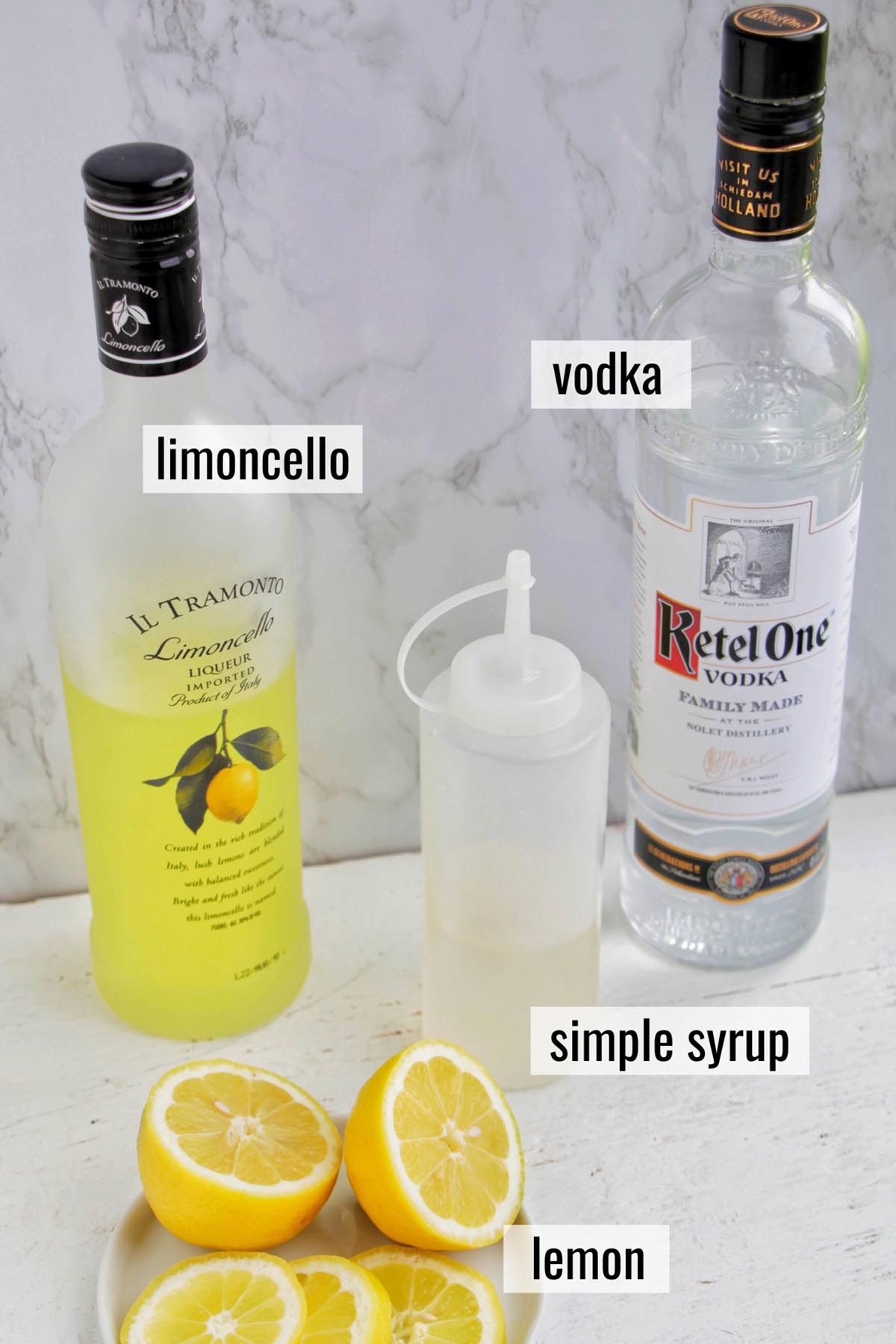 limoncello lemon drop martini ingredients with labels.