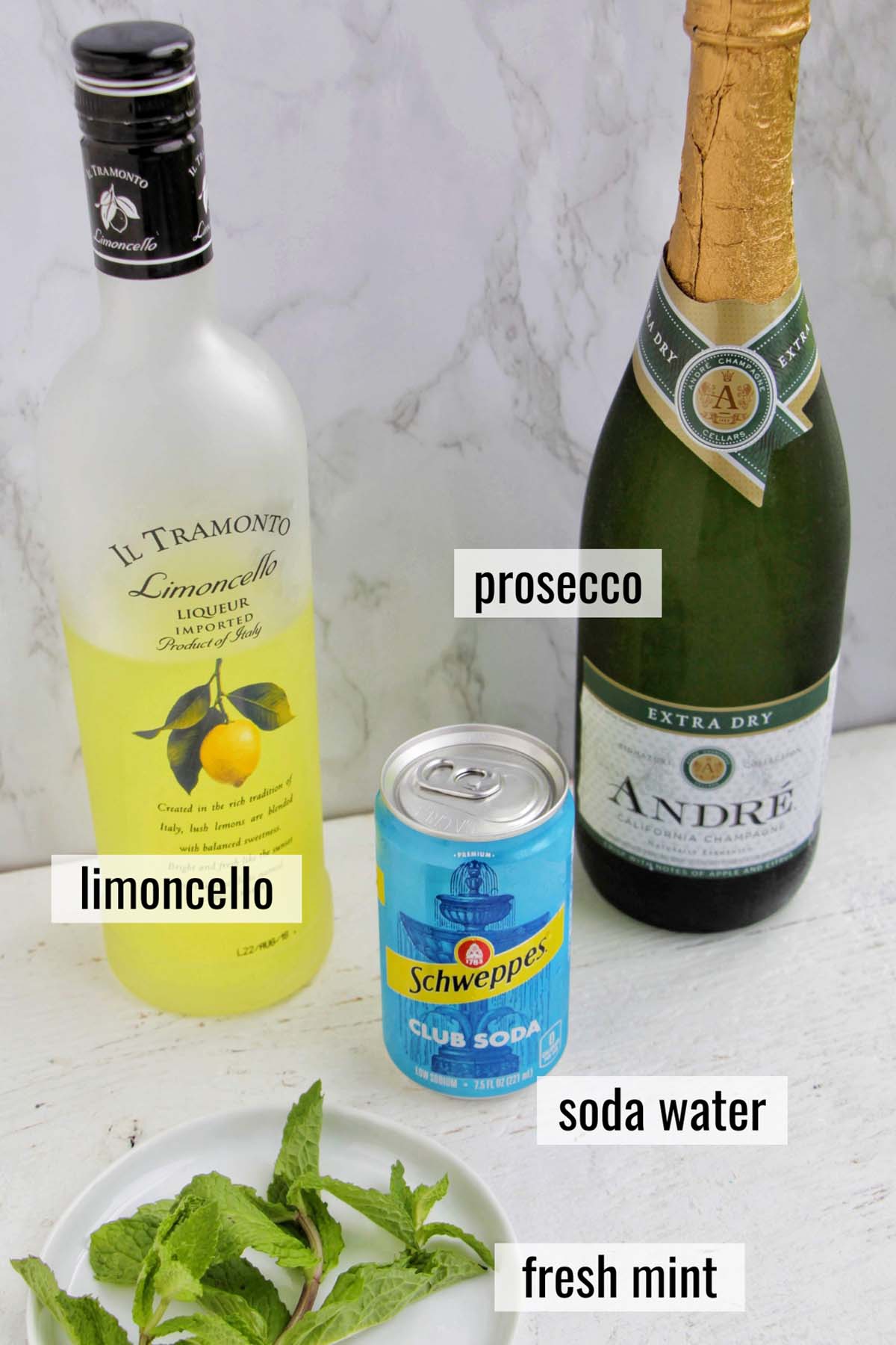 limoncello spritz ingredients with labels.