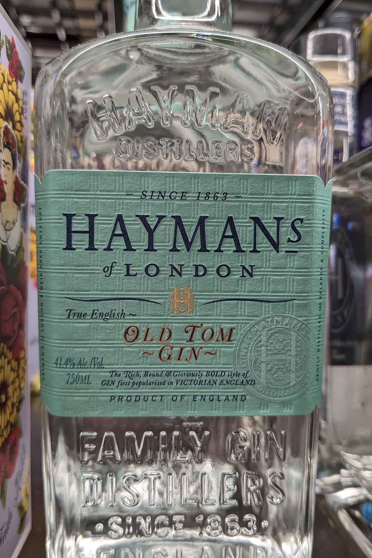 bottle of Haymans Old Tom gin.