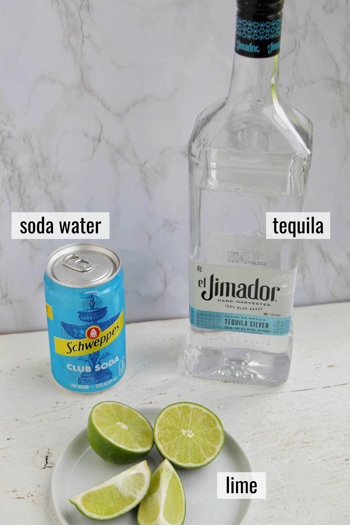 tequila soda ingredients with labels.
