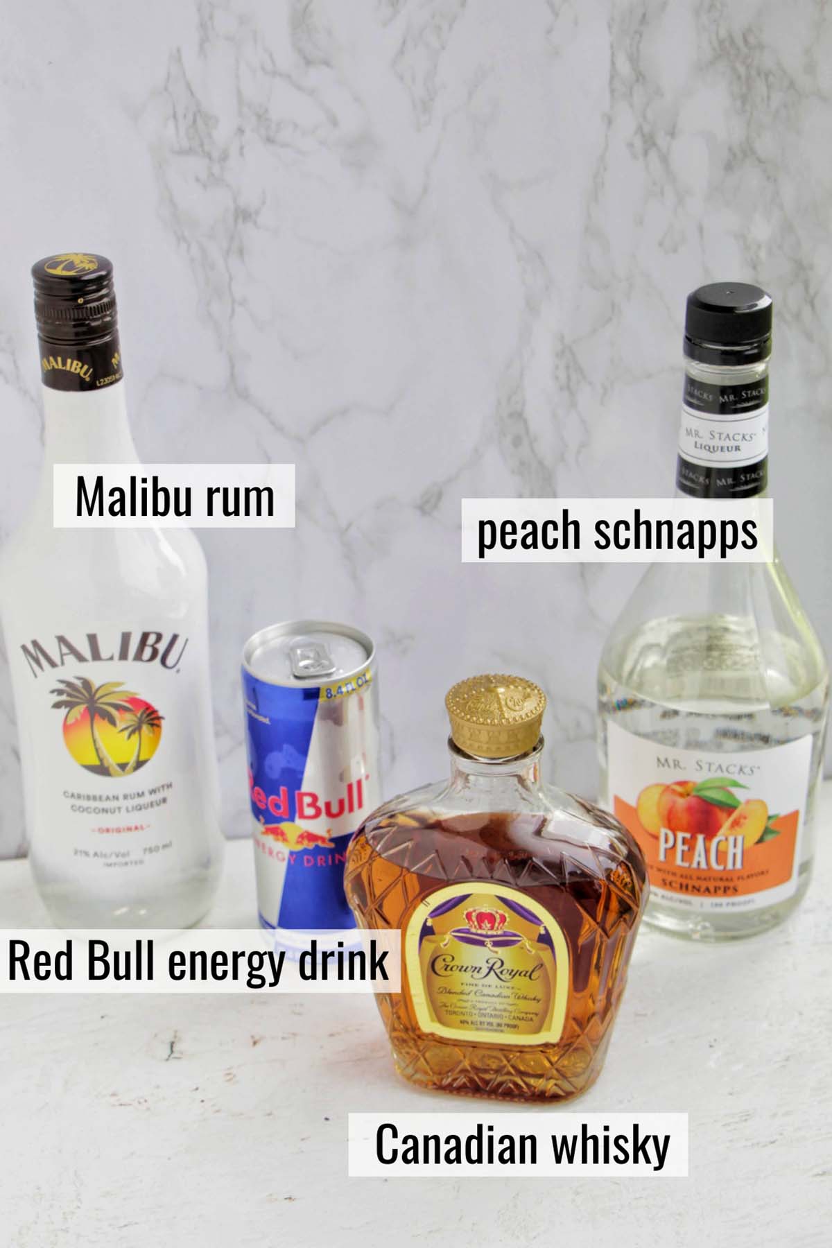 Vegas bomb shot ingredients with labels.