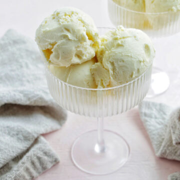 a glass filled with French vanilla ice cream.