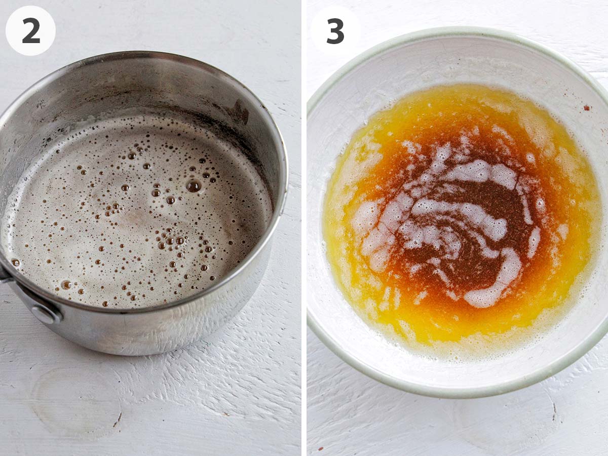 two numbered photos showing how to make brown butter.