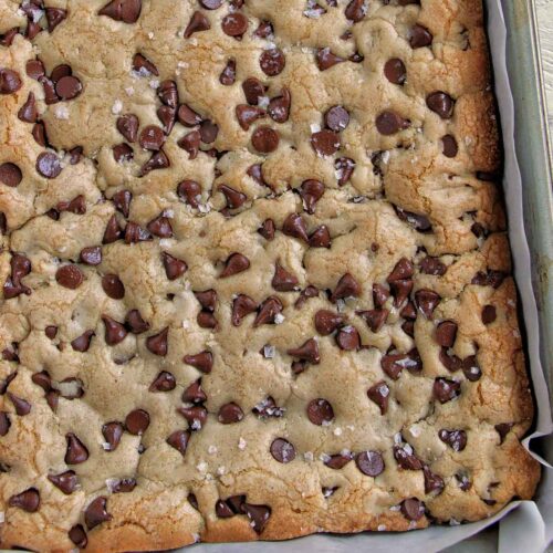 chocolate chip cookies in a pan.