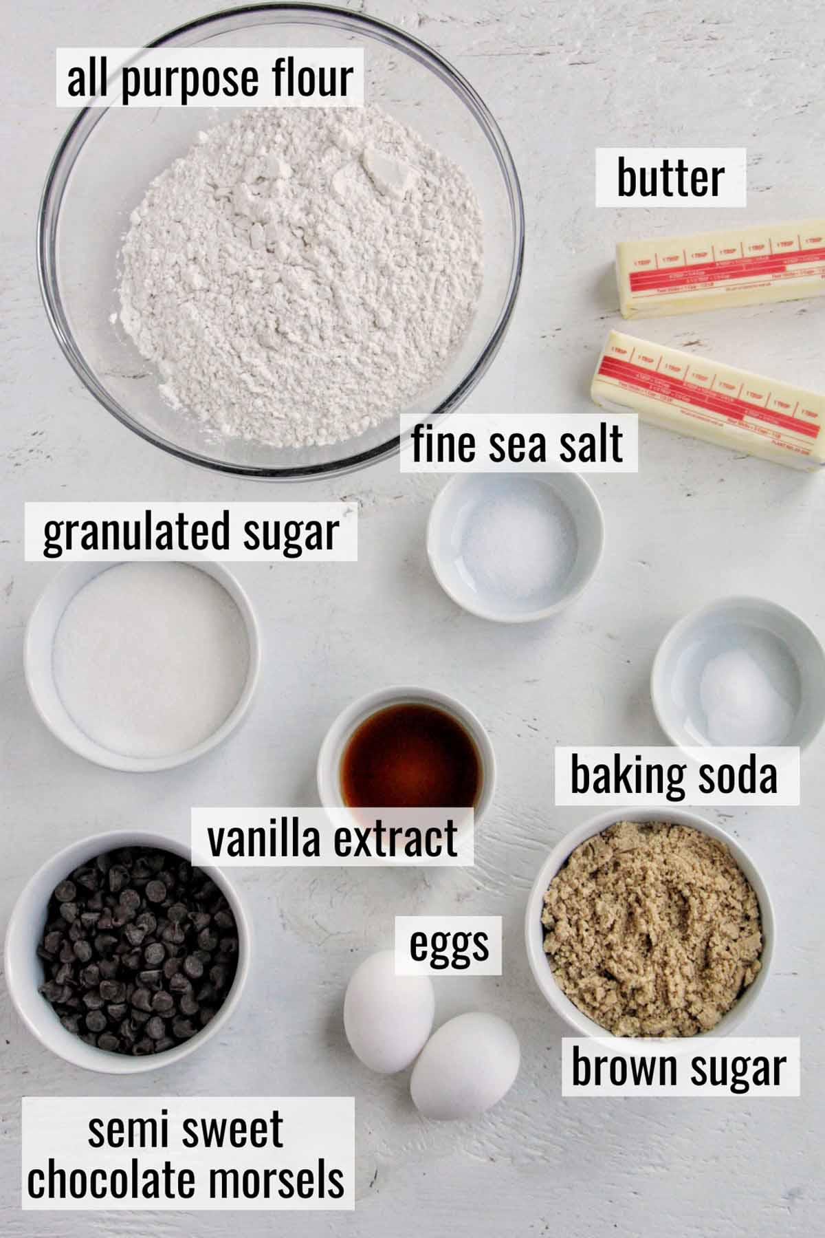 chocolate chip cookie bar ingredients with labels.