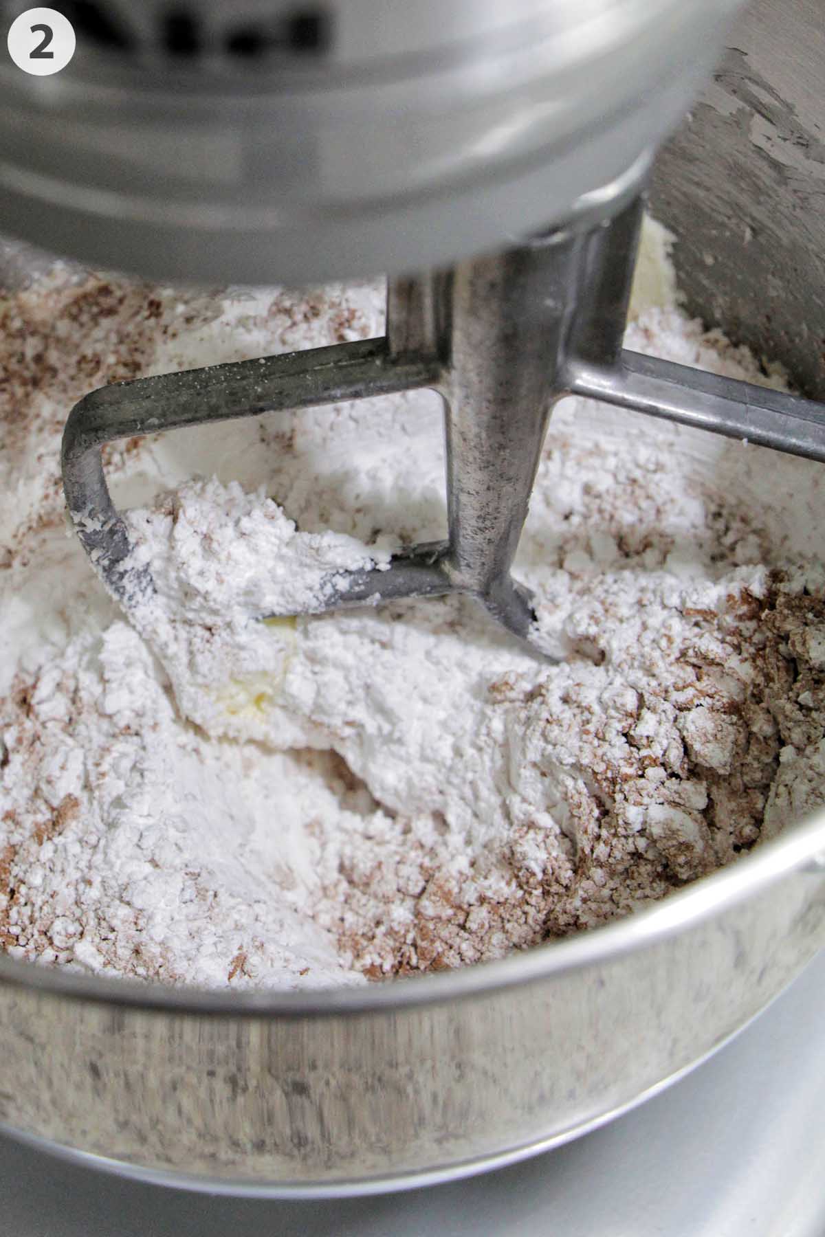 numbered photo adding confectioners' sugar and cocoa powder in a mixer.