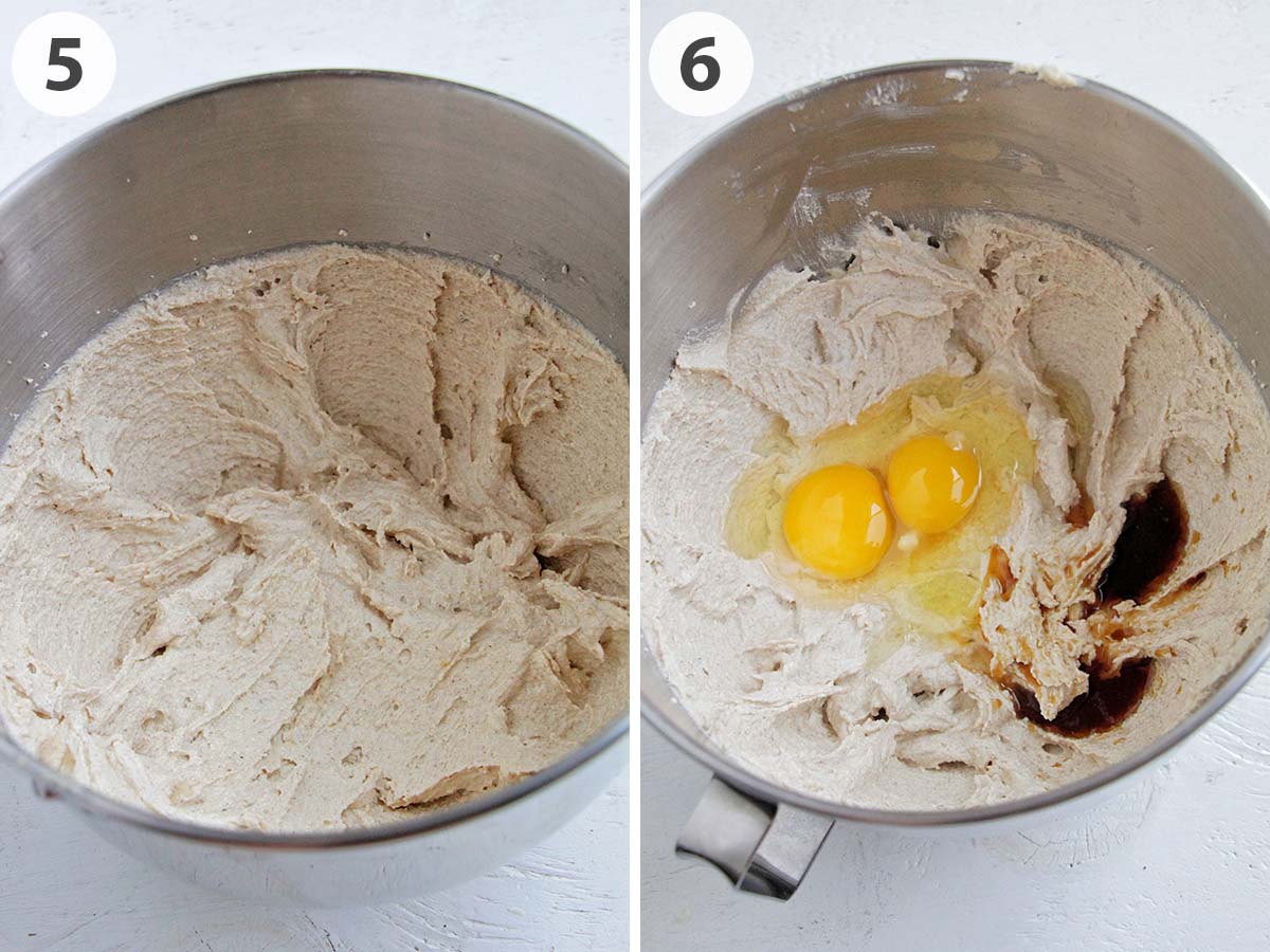 two numbered photos showing creamed butter and adding eggs and vanilla to dough.