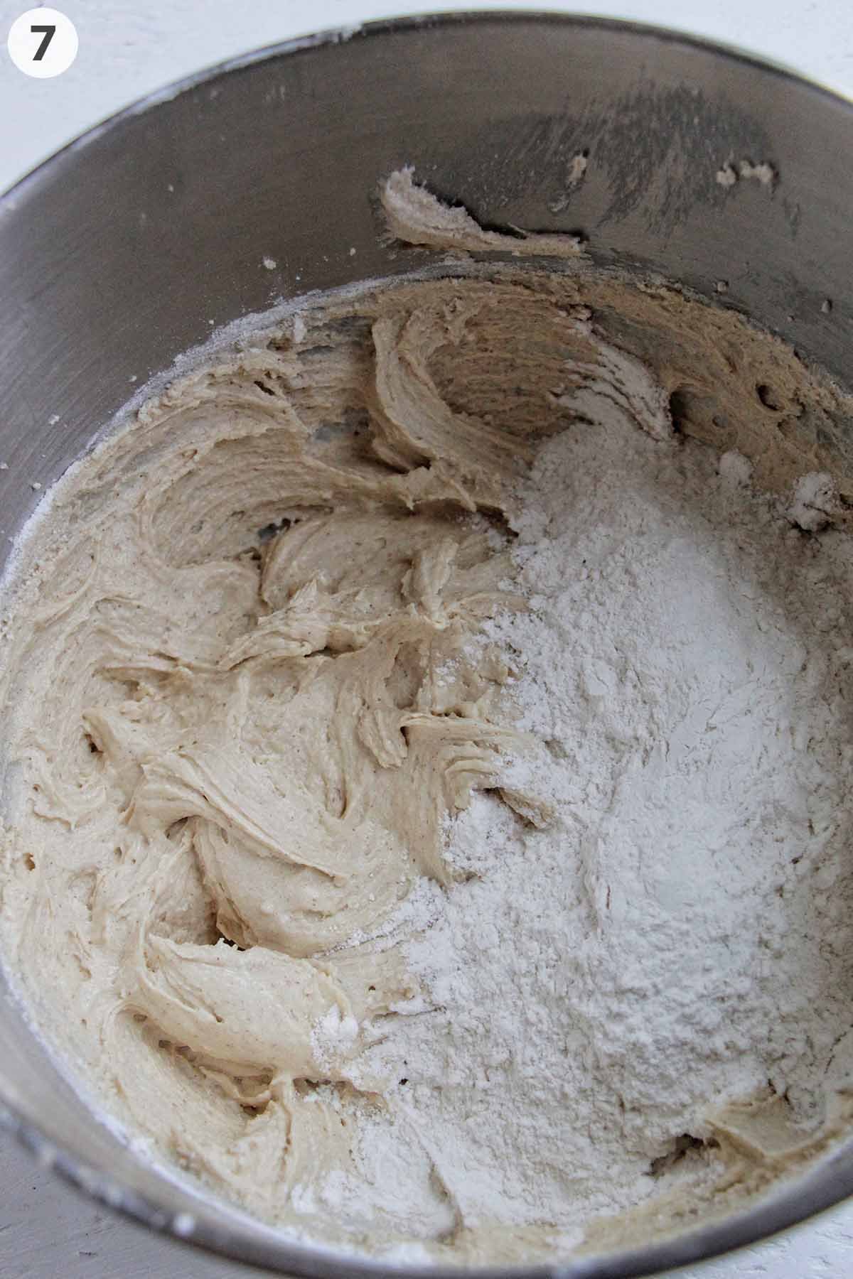 numbered photo showing how to add flour to cookie dough.