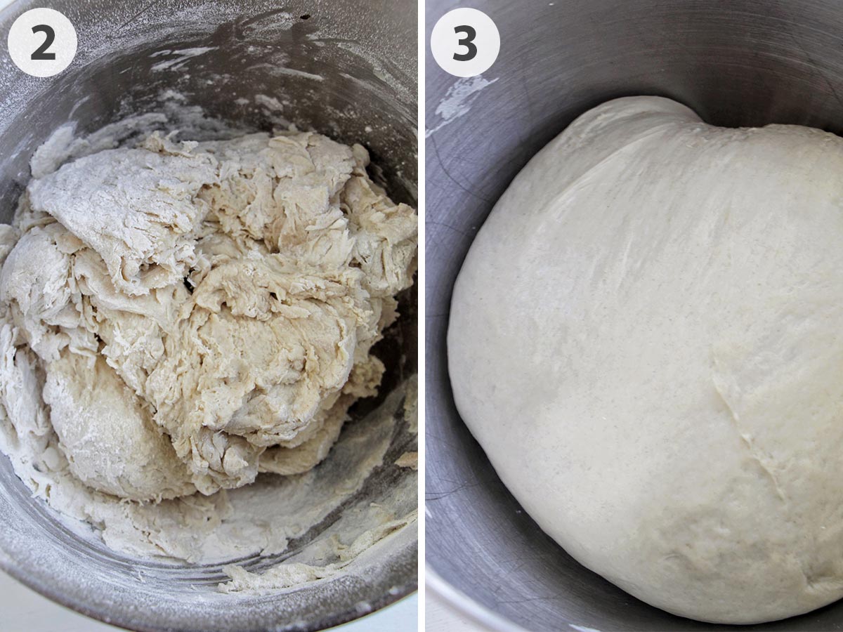 two numbered photos showing shaggy and fully kneaded bagel dough.
