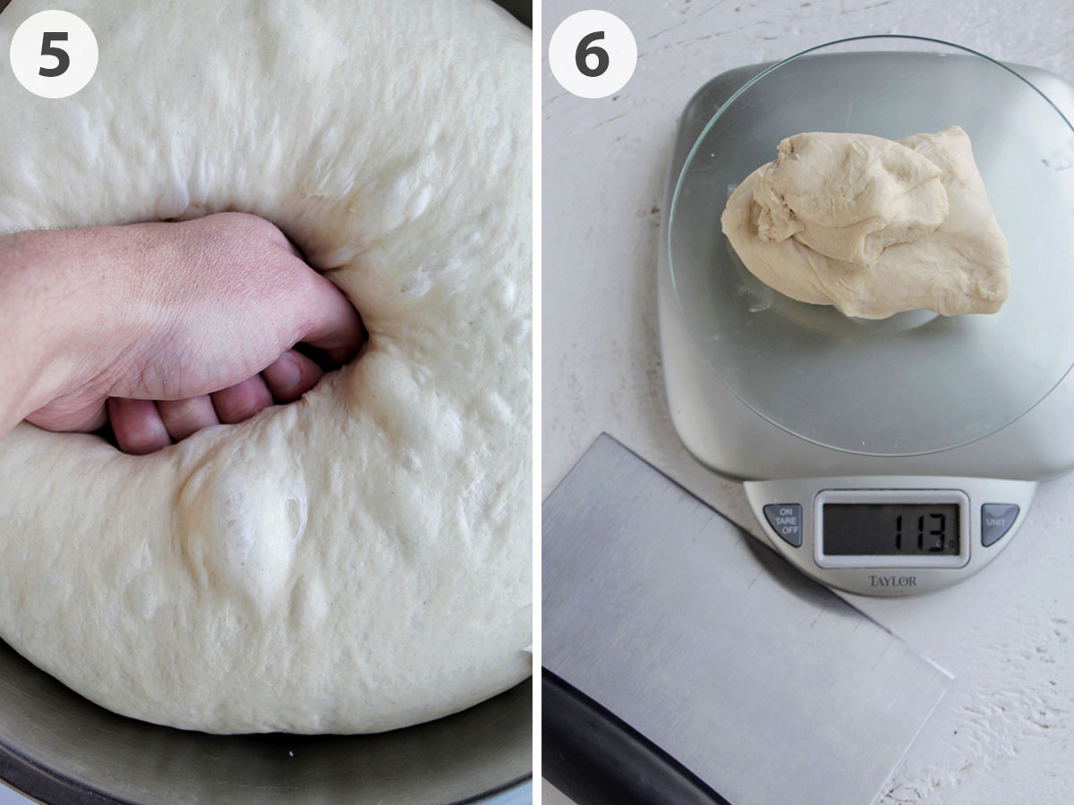 two numbered photos punching down and weighing bagel dough.