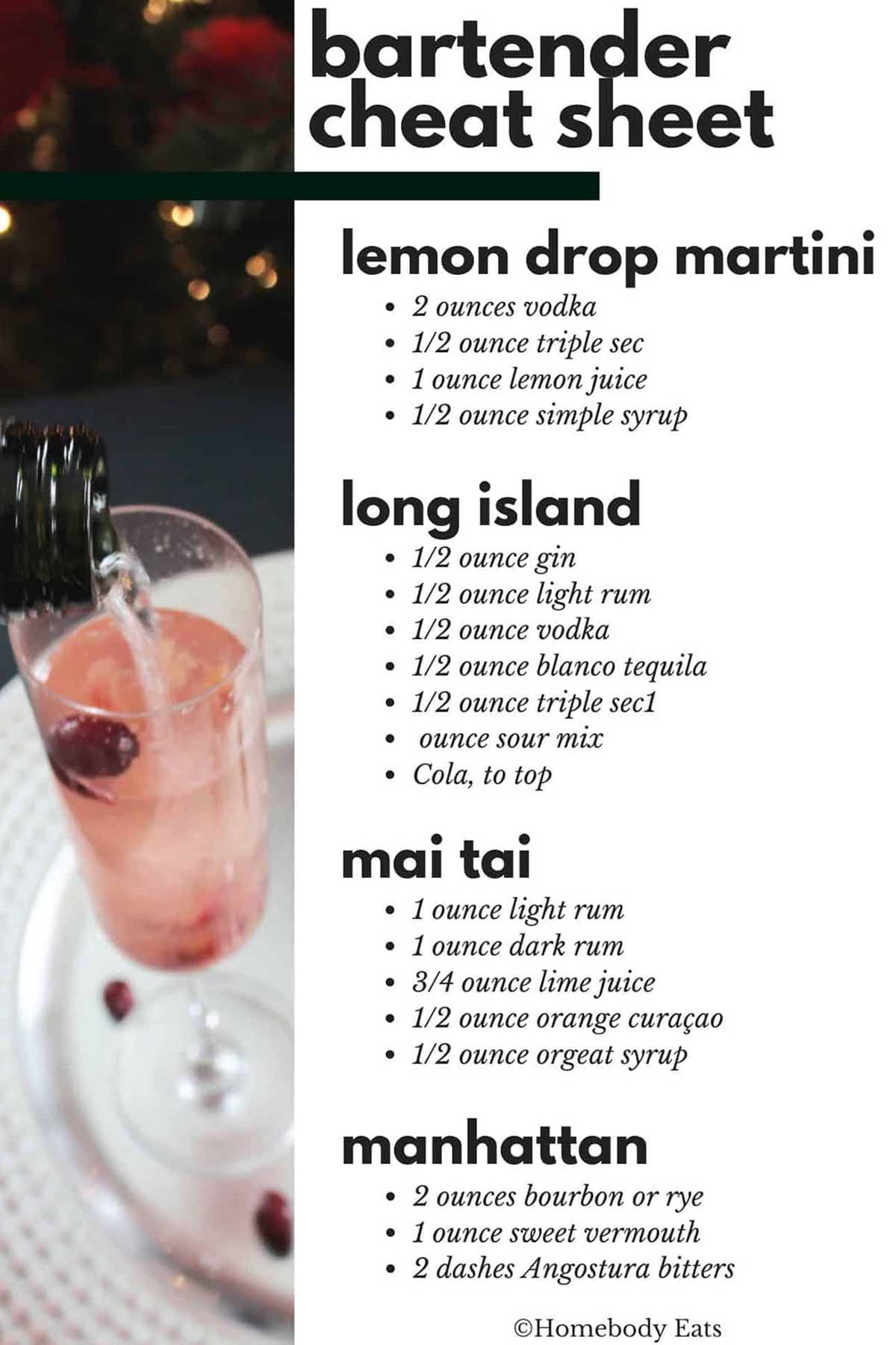 bartender cheat sheet with cocktail recipes.
