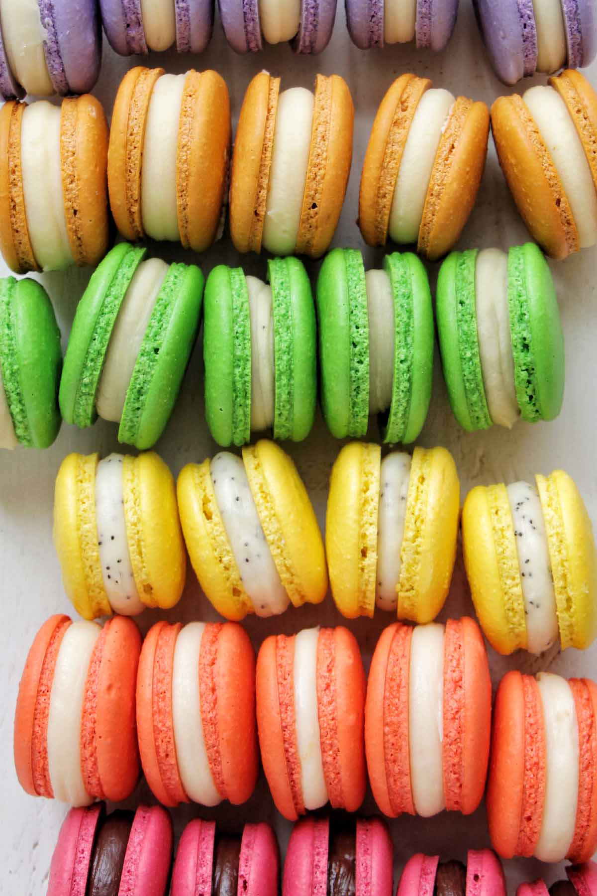 rainbow macaron shells lined up next to each other.