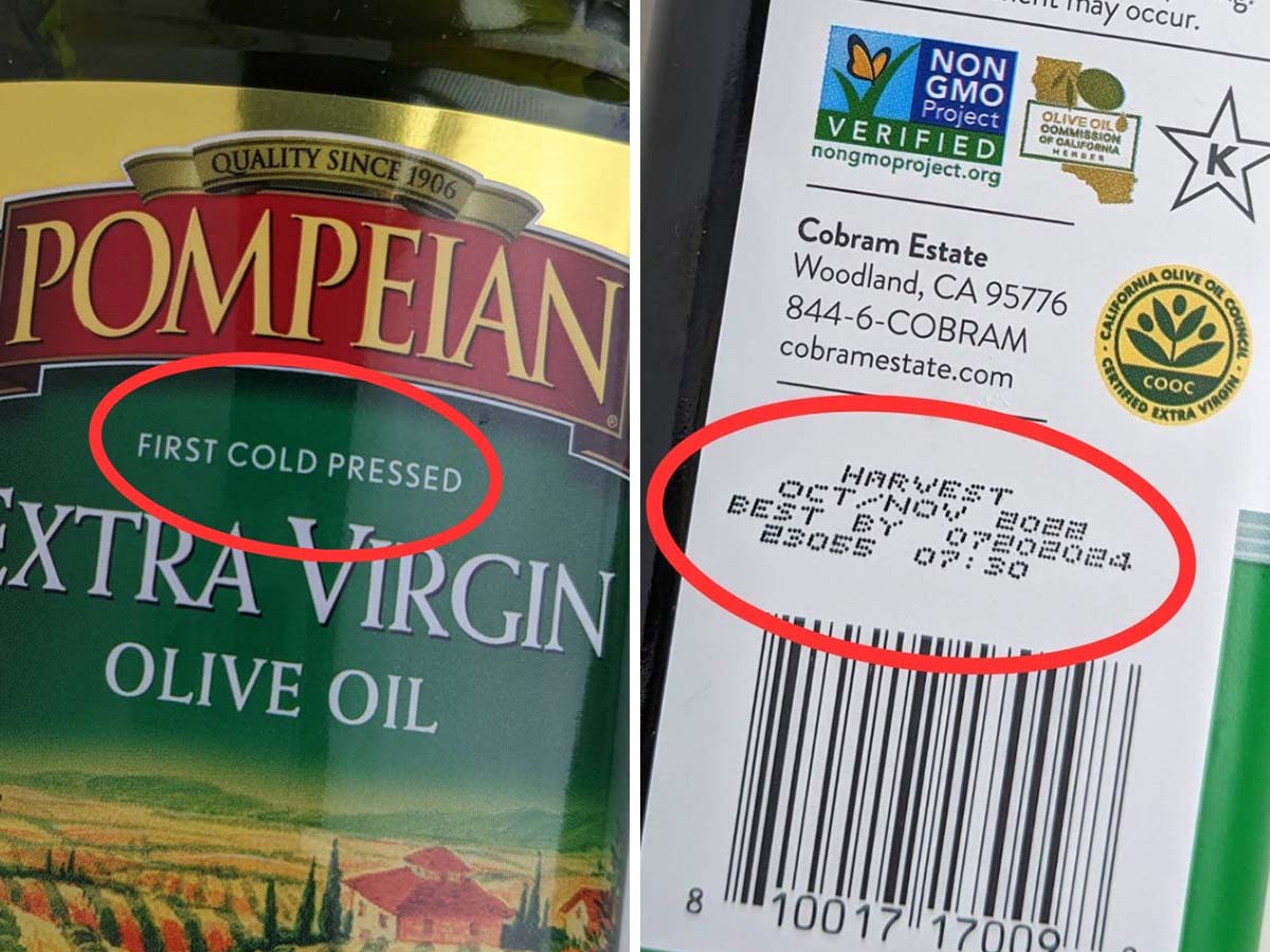 two bottles of extra virgin olive oil showing cold pressed and harvest date labels.