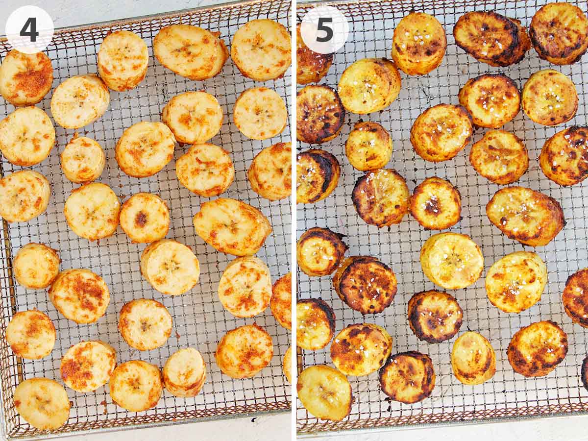 two numbered photos showing how to cook plantains in air fryer.