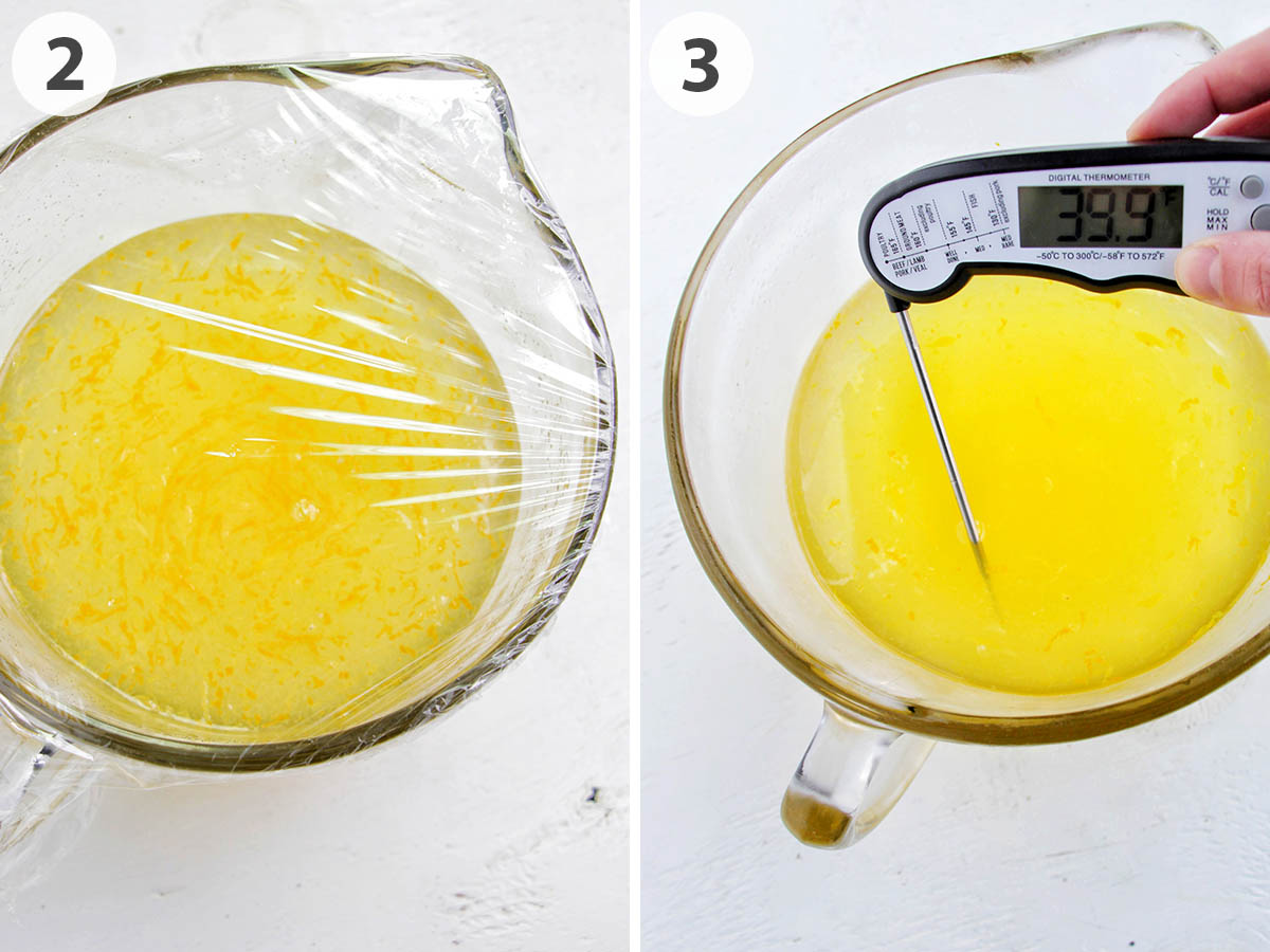 two numbered photos showing sorbet mixture in a bowl with plastic wrap and with a digital thermometer.