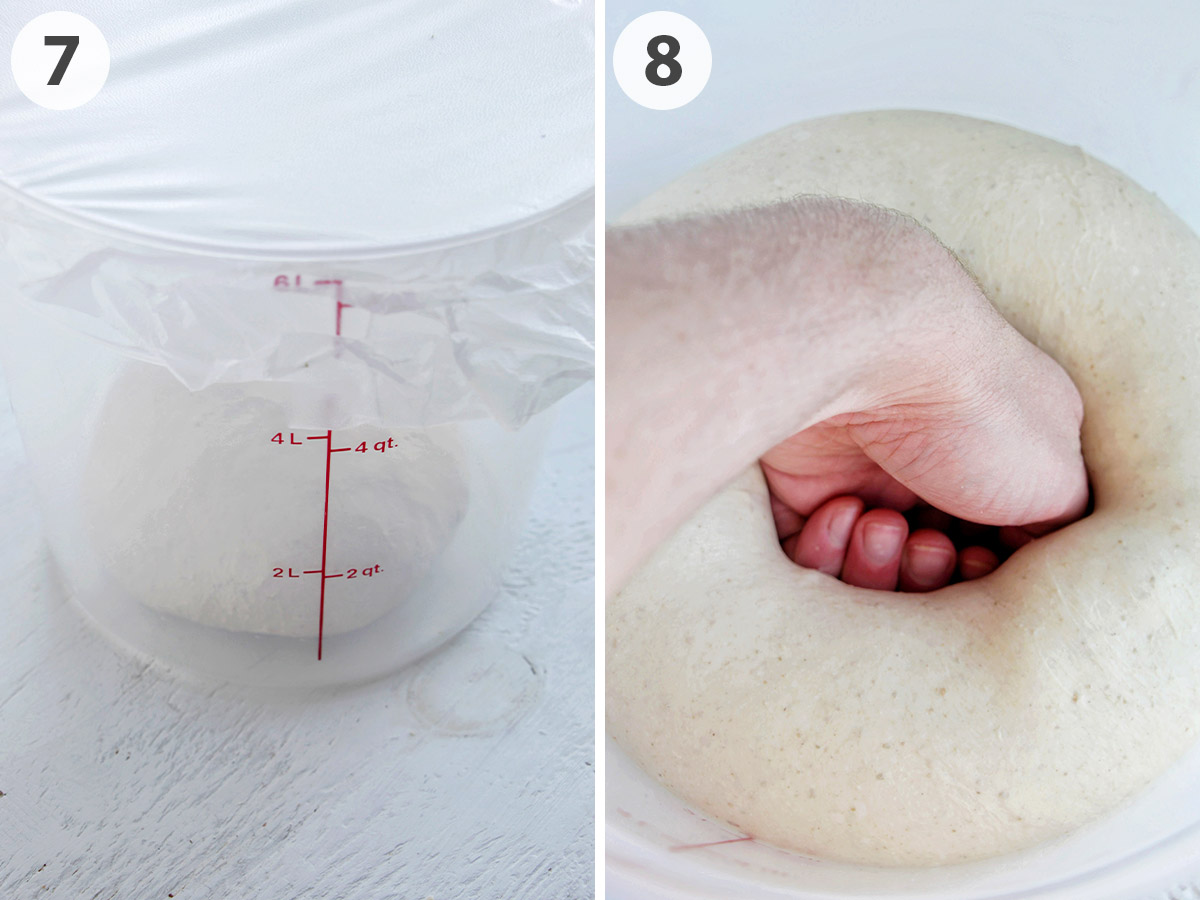 two numbered photos showing bagel dough that has risen.