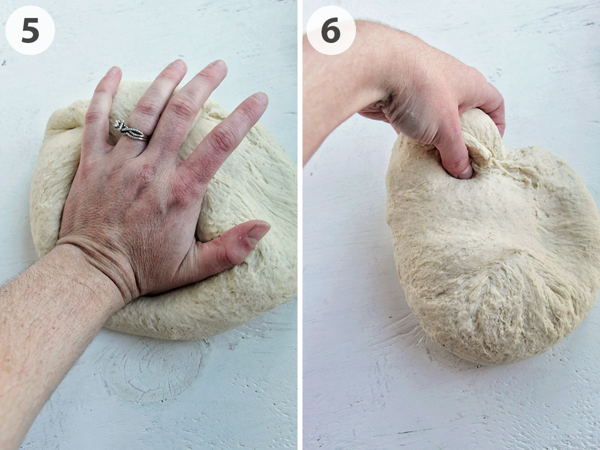 two numbered photos showing how to knead dough.