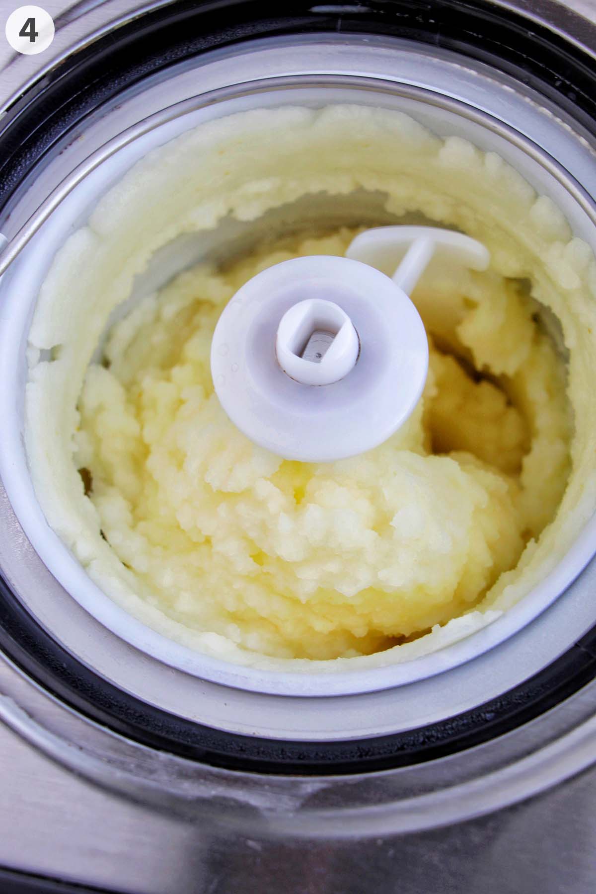 numbered photo showing frozen limoncello sorbet in an ice cream maker.