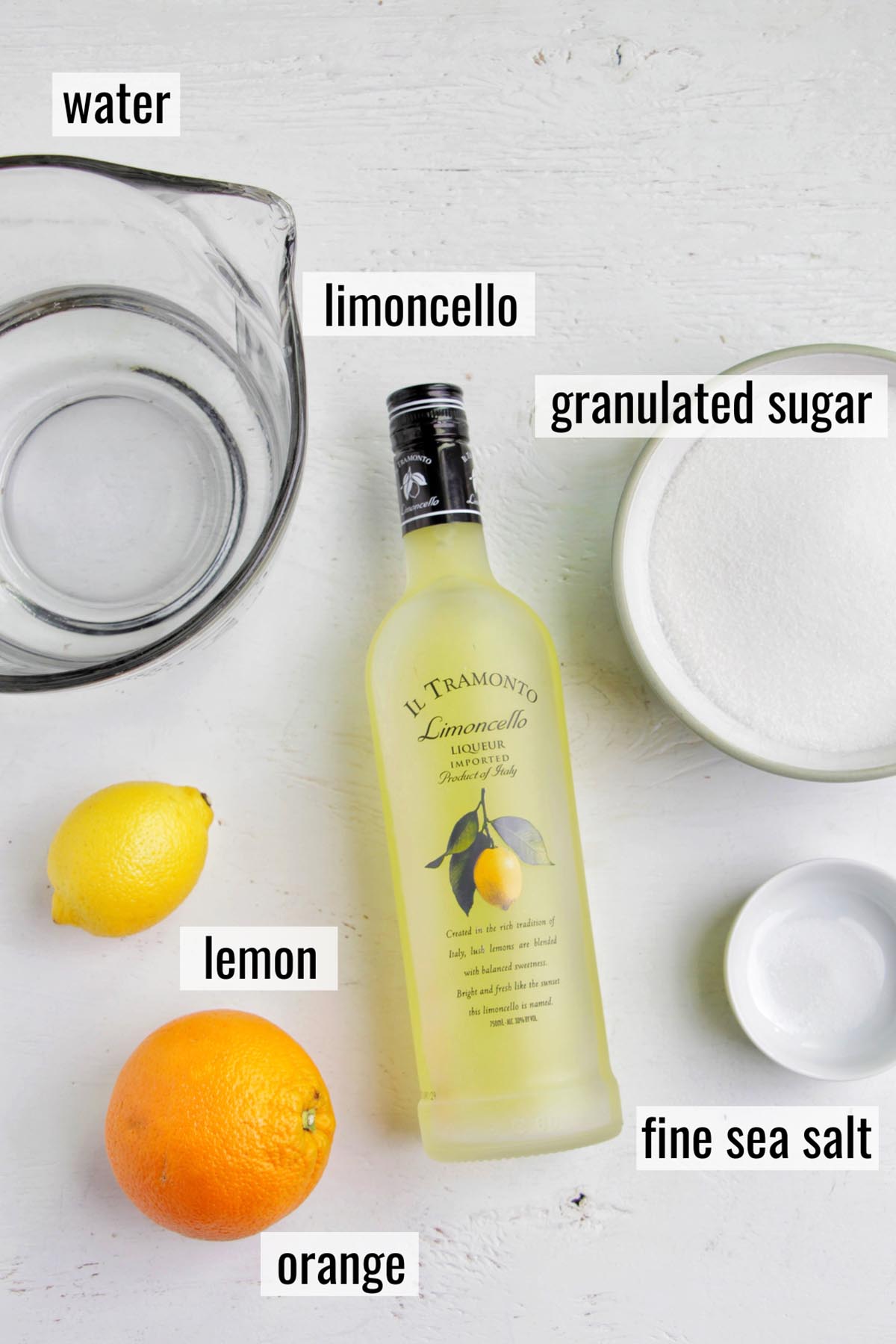 limoncello sorbet ingredients with labels.