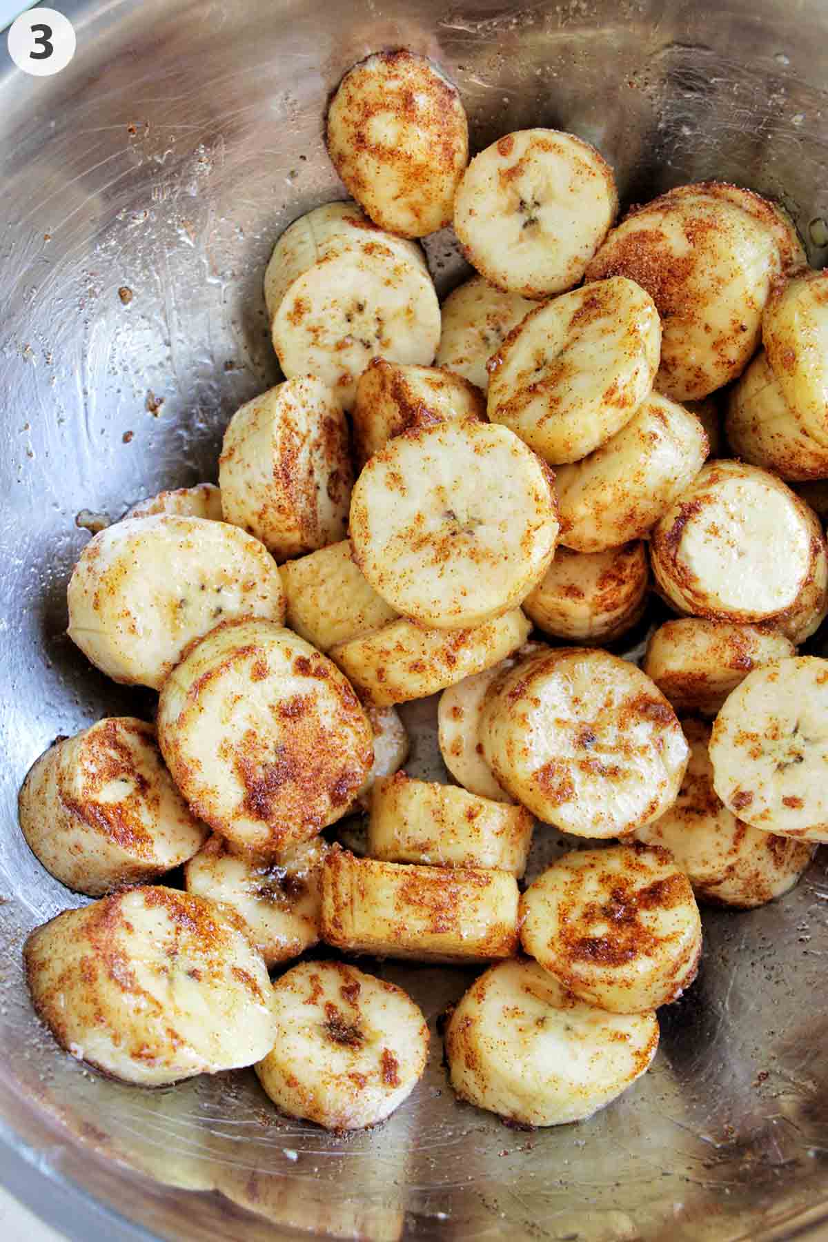 numbered photo with plantains tossed in spices.