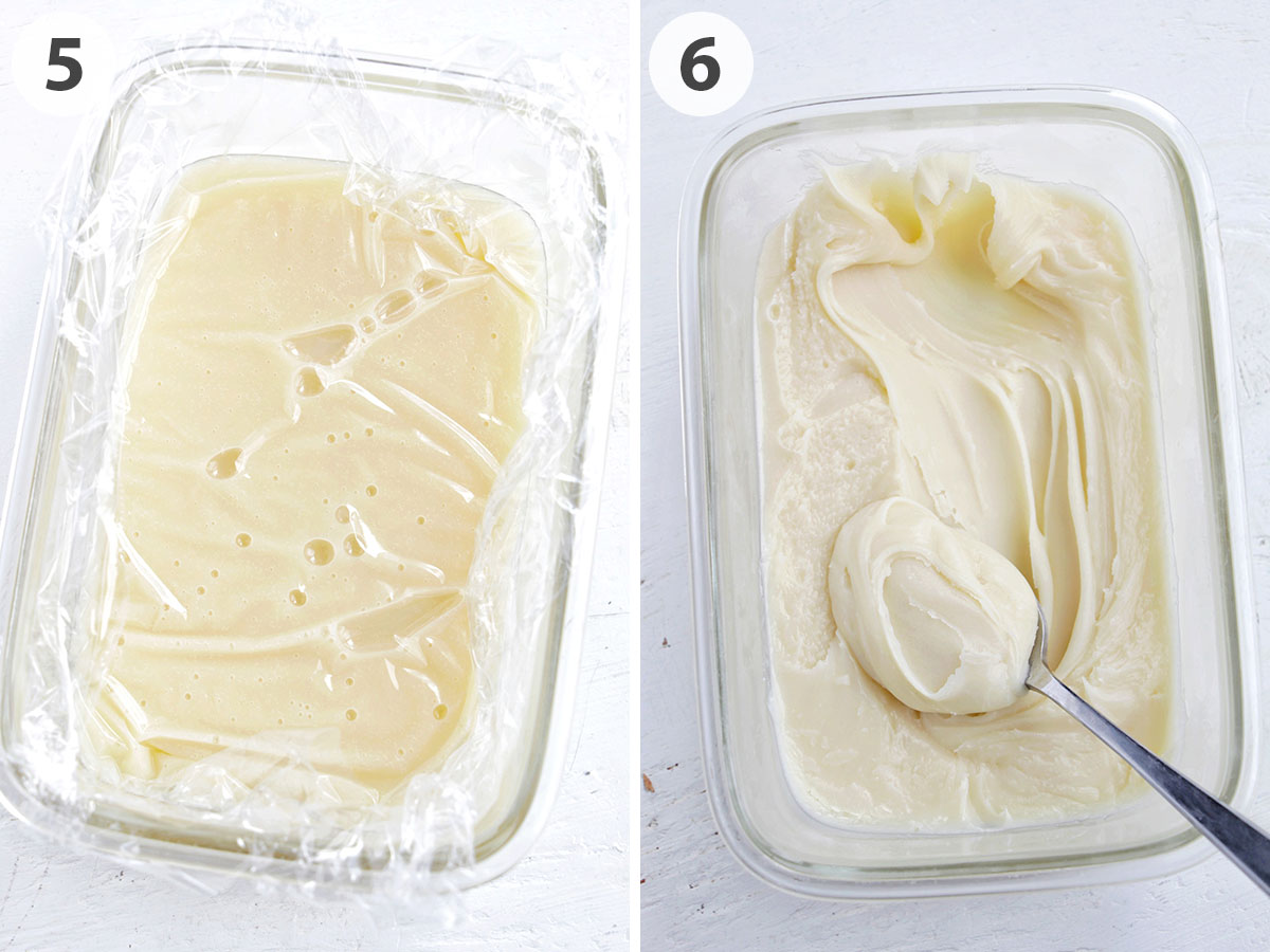 two numbered photos showing how to chill white chocolate ganache in the fridge.