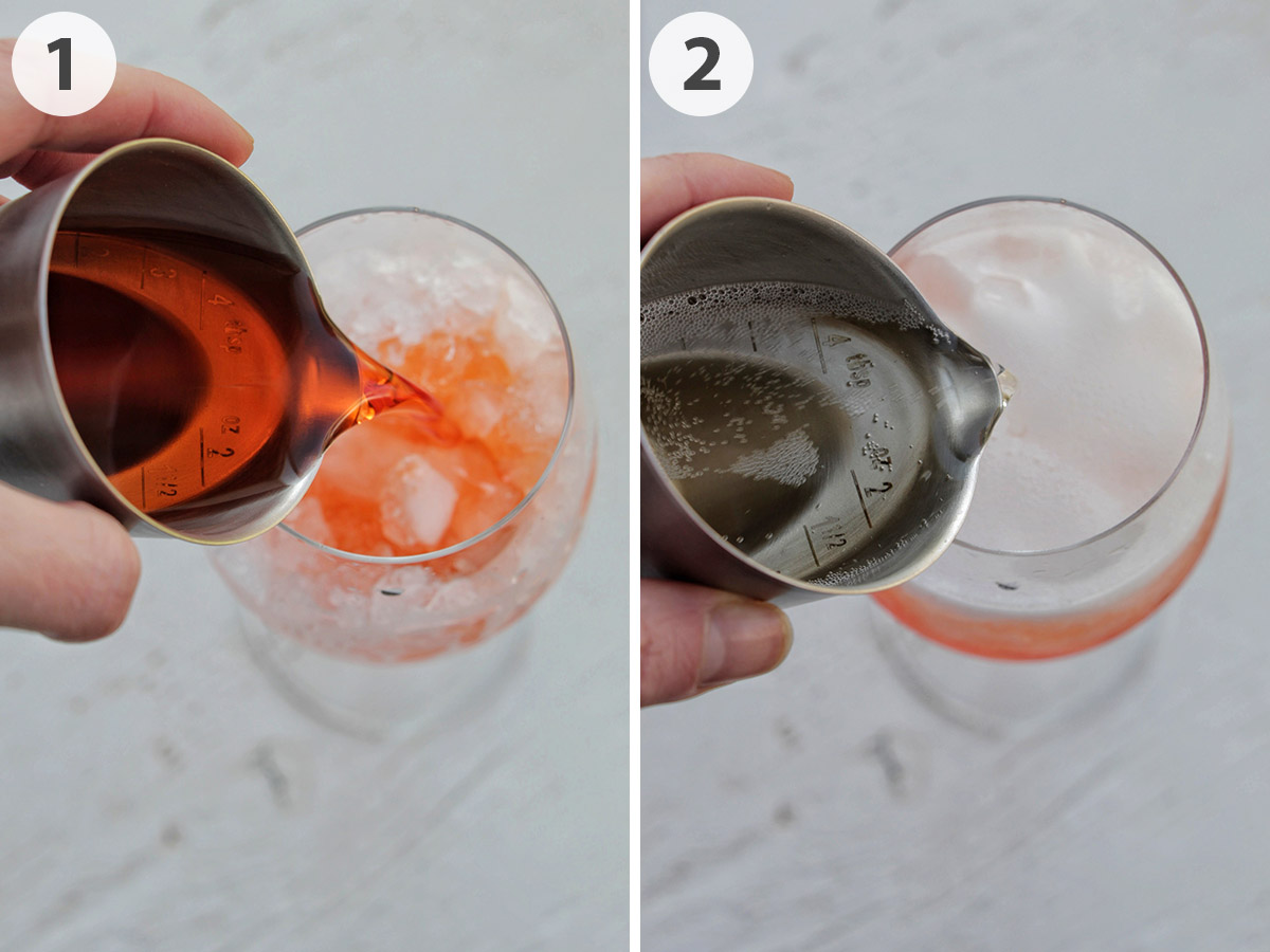two numbered photo pouring Aperol and prosecco into a wine glass.