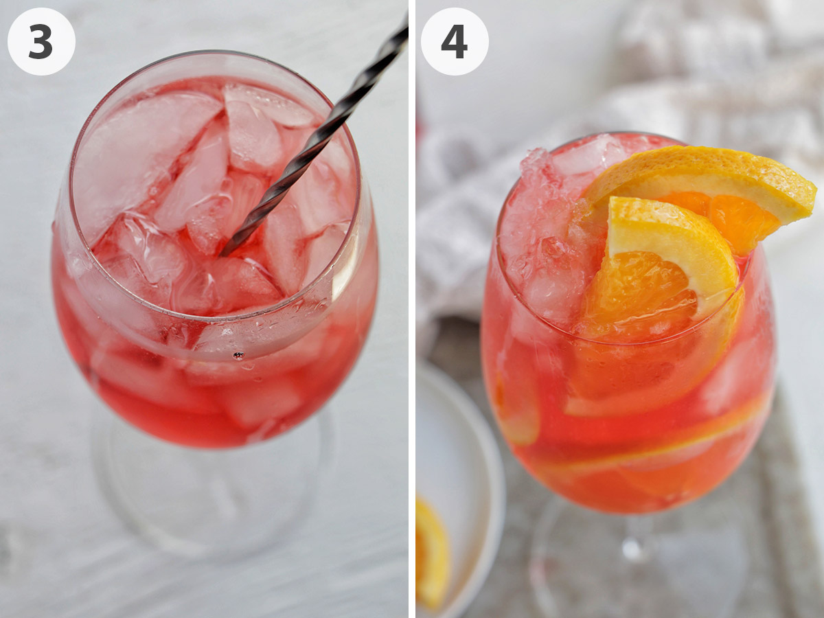 two numbered photo stirring and garnishing a spritz cocktail.