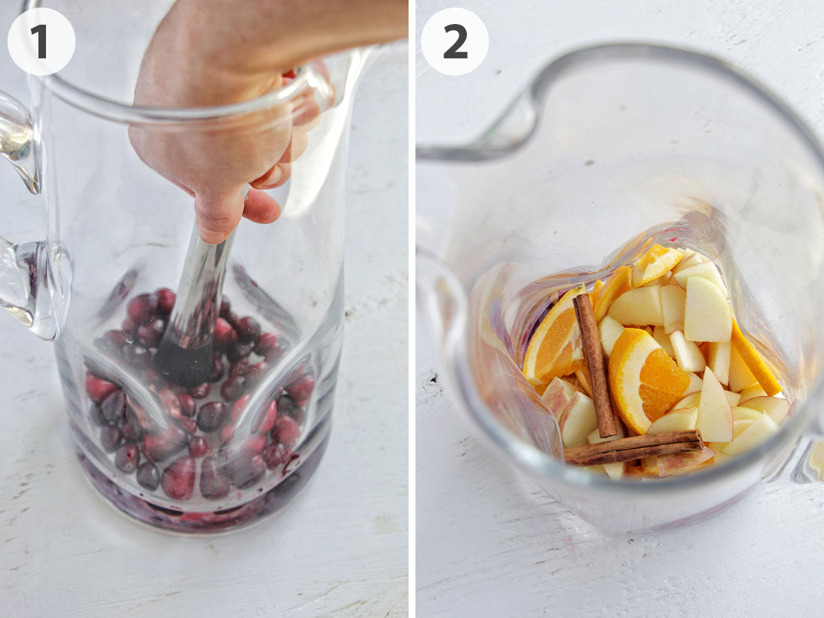 two numbered photos showing how to add fruit to sangria.