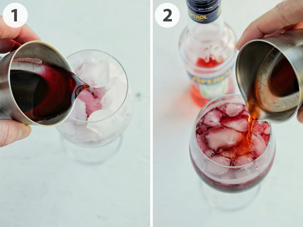 two numbered photo pouring lambrusco and Aperol into a wine glass.