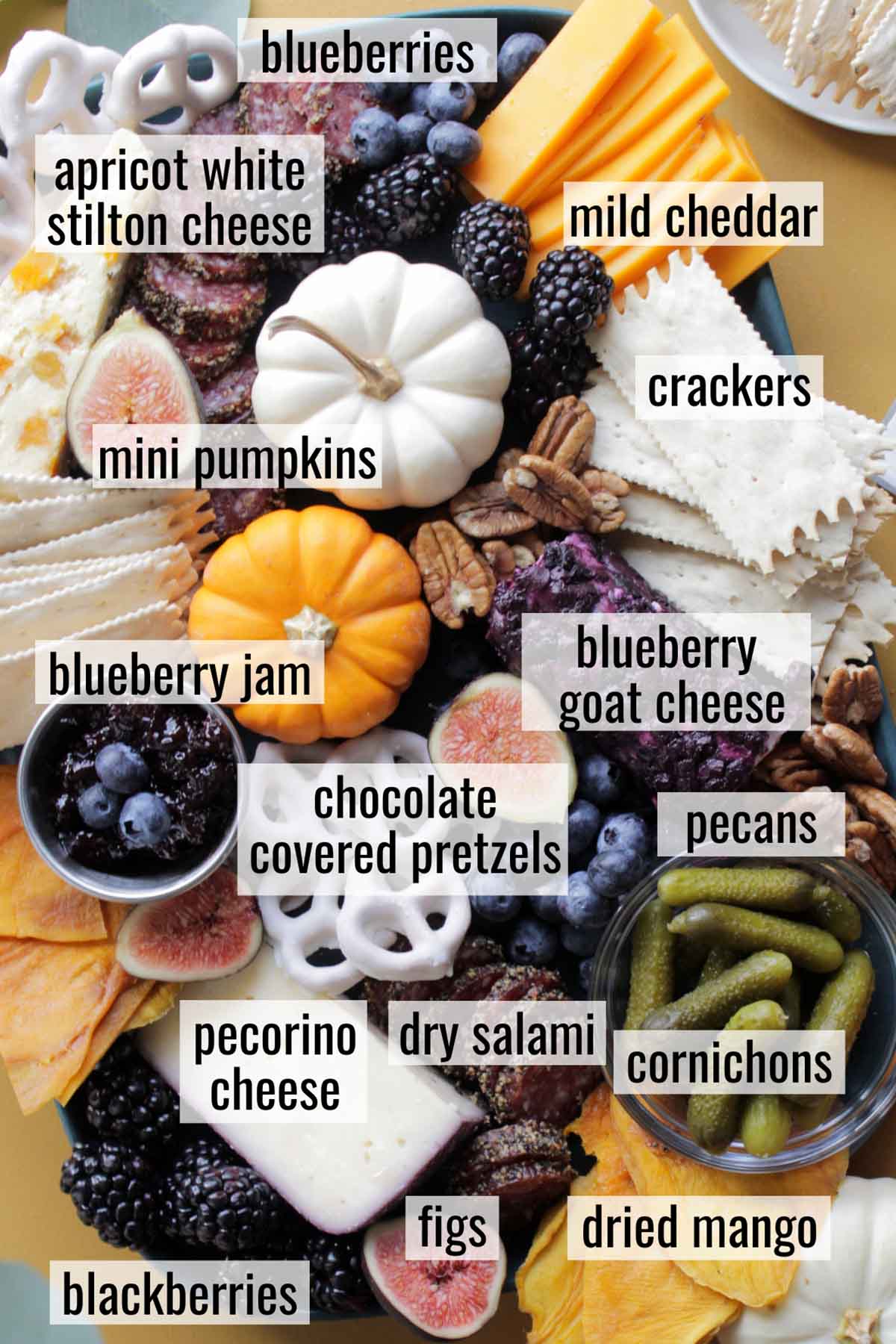 fall cheese board ingredients on a platter with labels.