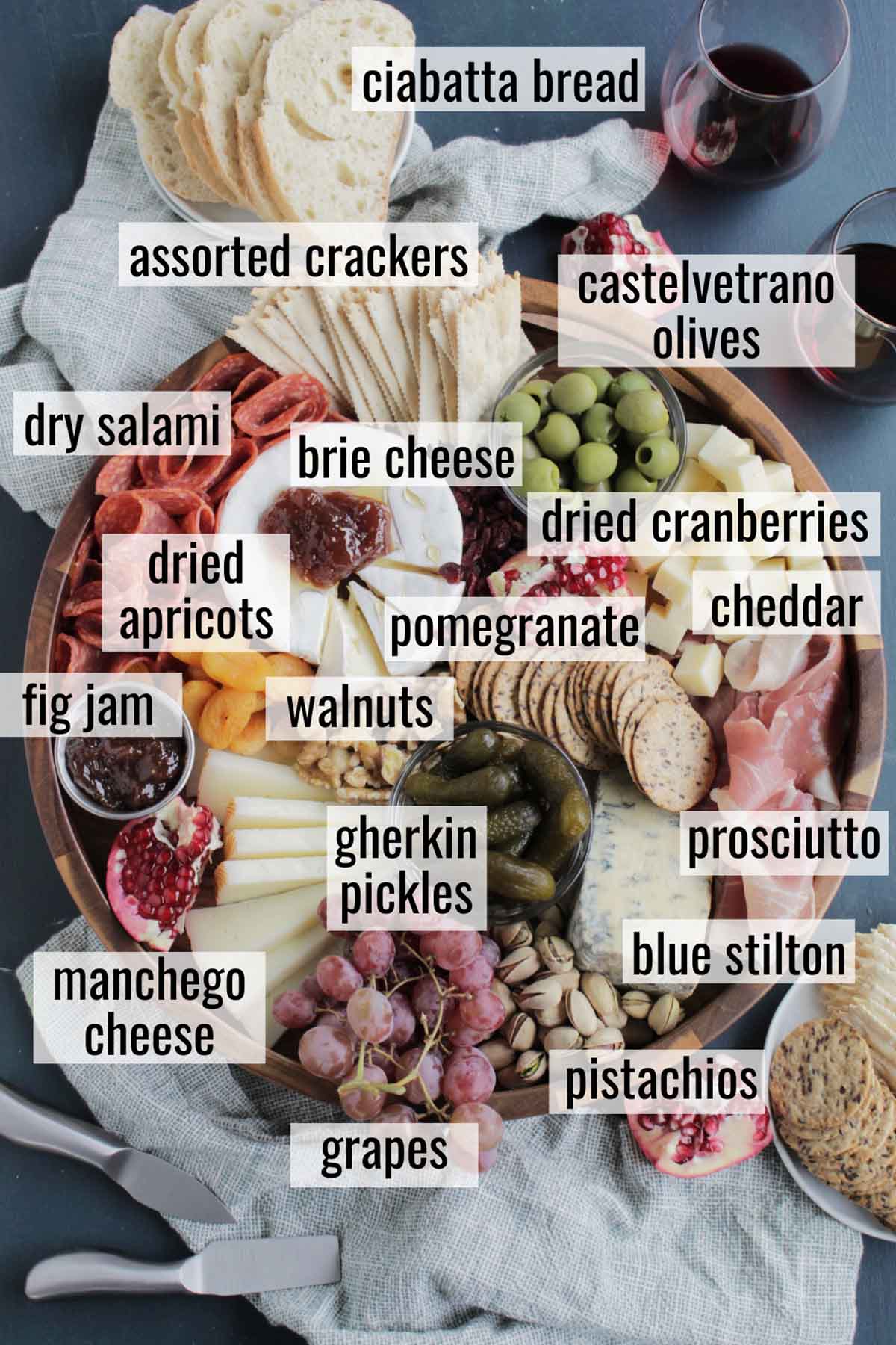 thanksgiving cheese board ingredients on a platter with labels.