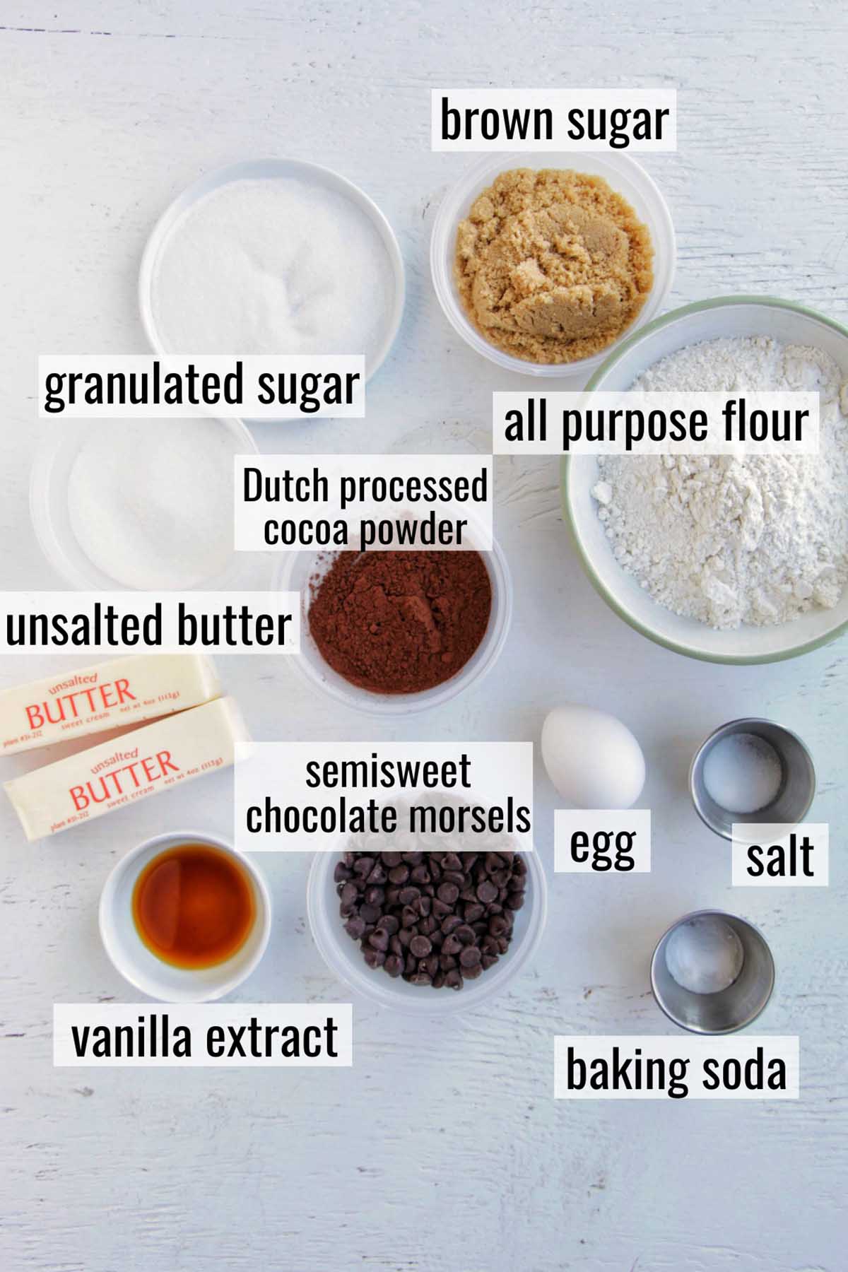 thumbprint chocolate filled cookie ingredients with labels.