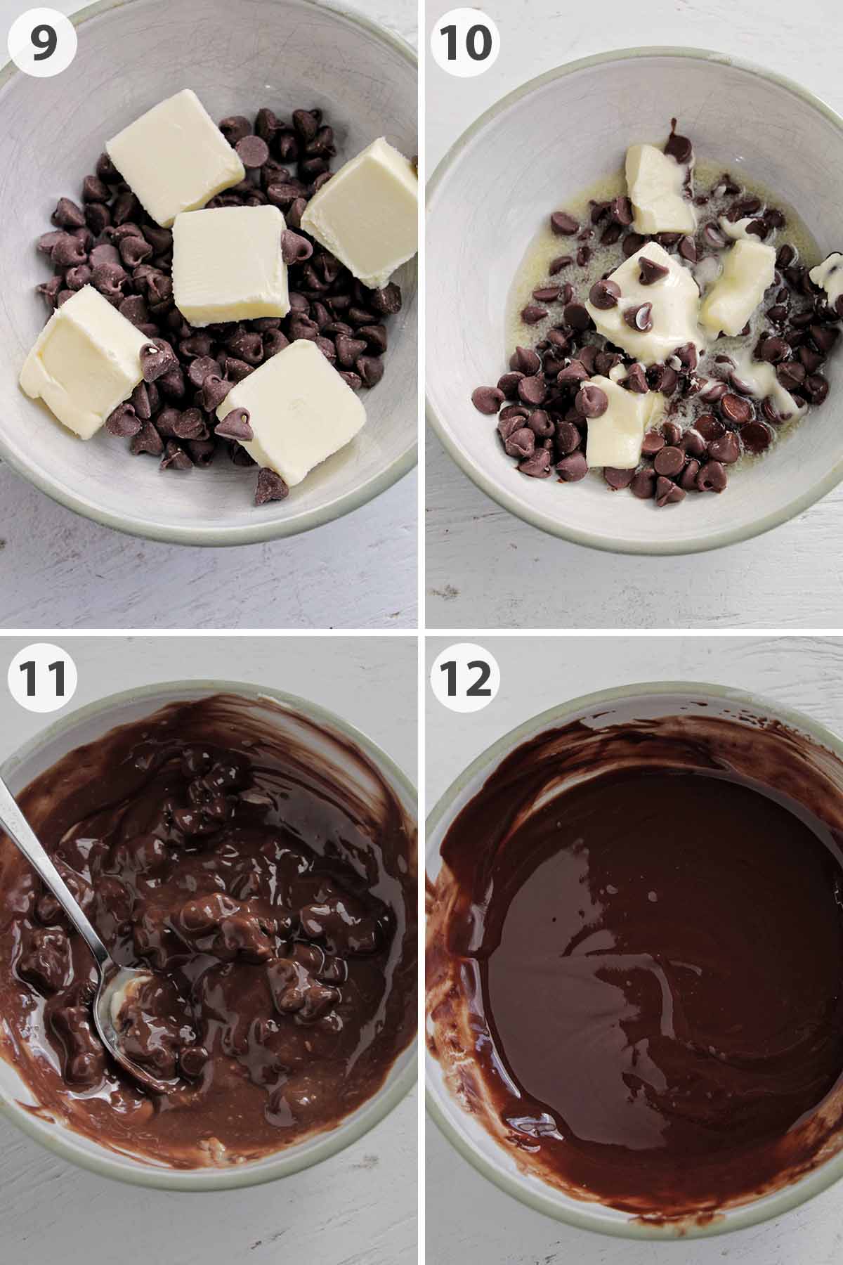 four numbered photos showing how to make chocolate filling for cookies.