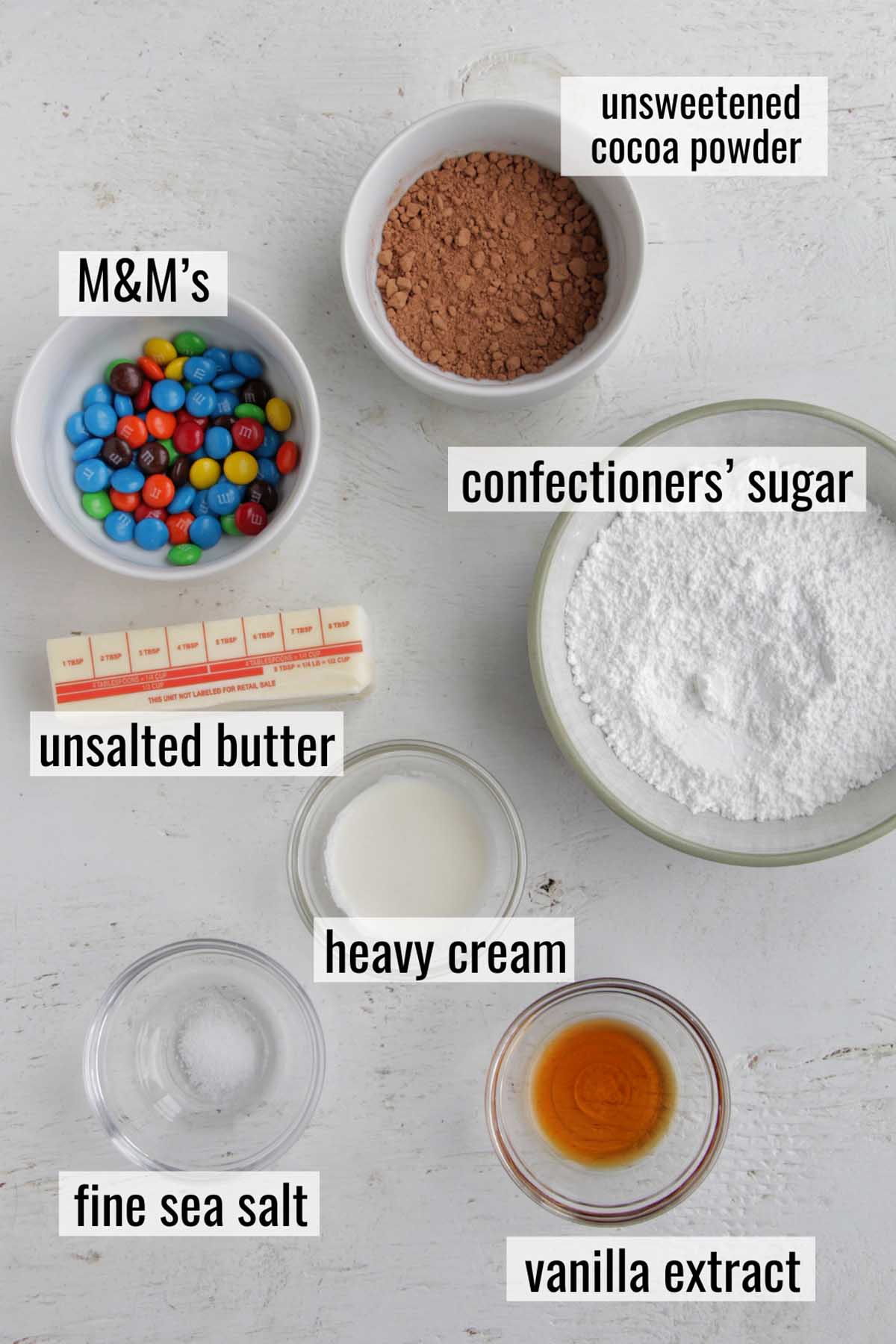 M&M macaron filling ingredients with labels.