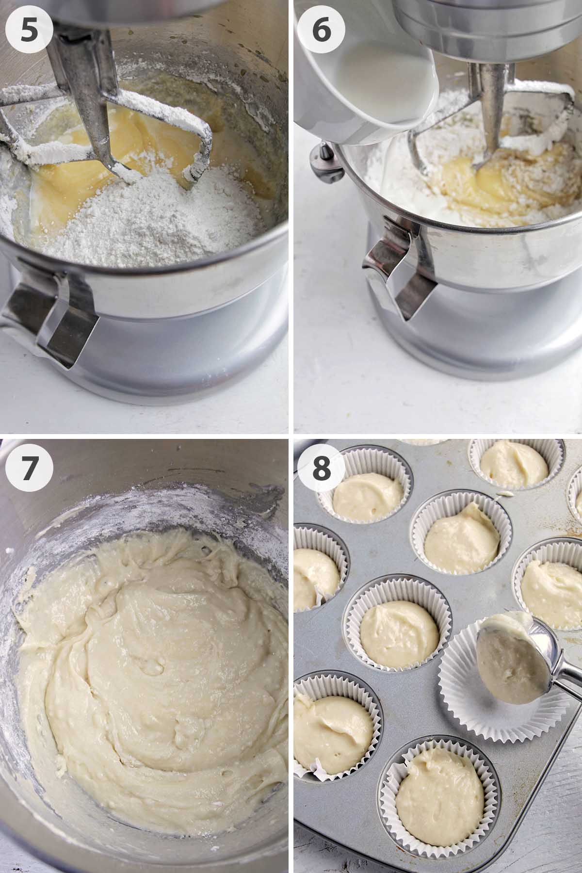 four numbered photos showing how to mix and scoop cupcake batter.