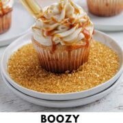 boozy peanut butter whiskey cupcakes with text overlay.