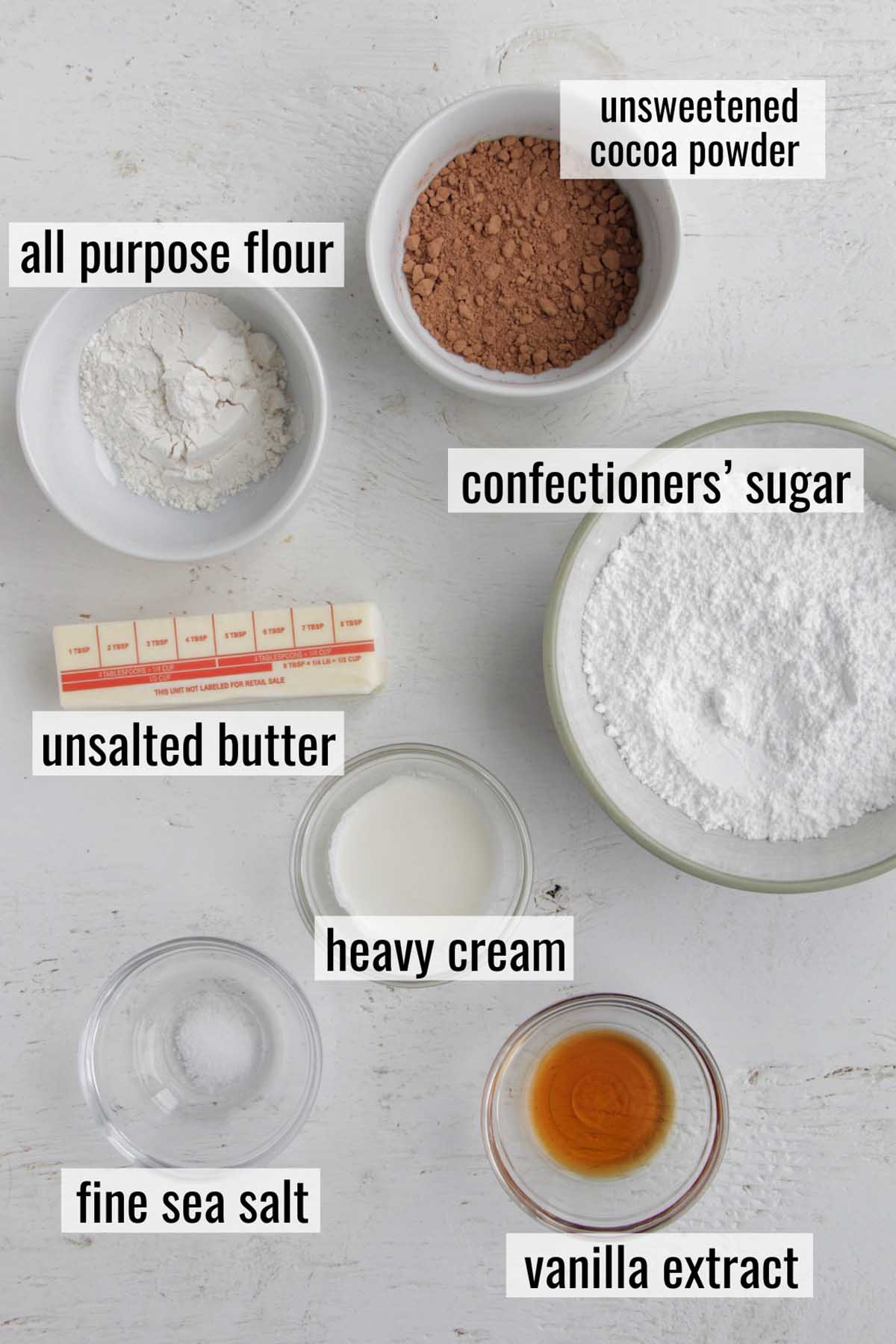 brownie macaron filling ingredients with labels.