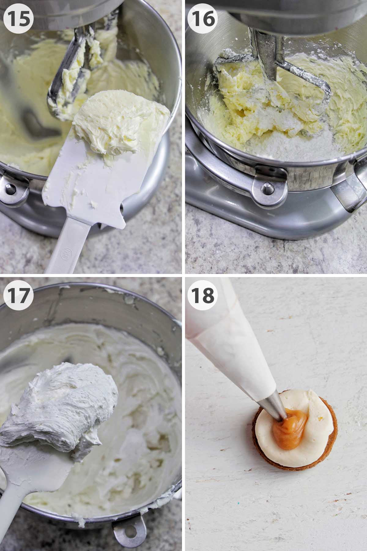 four numbered photos showing how to make buttercream filling and pipe macaron filling.