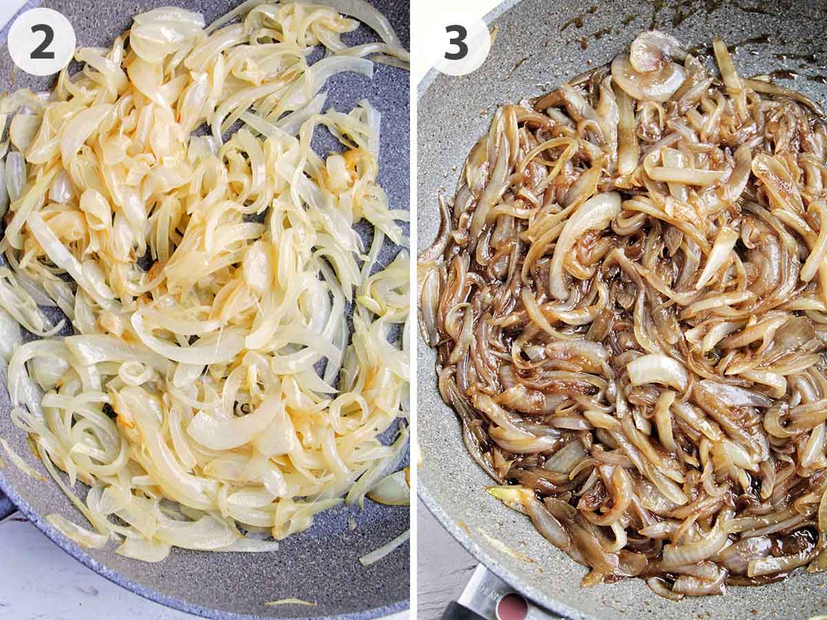 two numbered photos showing how to cook caramelized onions.