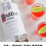 three pink shots next to a vodka bottle with text overlay.